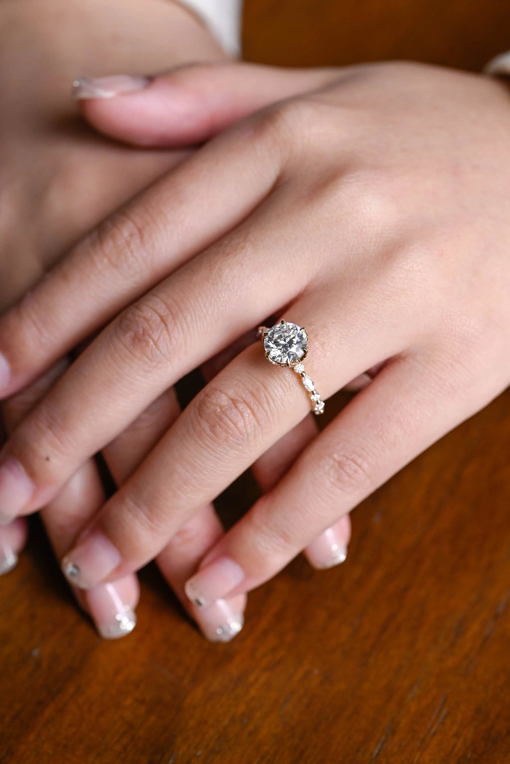 Solid Gold Floral Pave Round Moissanite Engagement Ring, Anniversary Gift for Her
