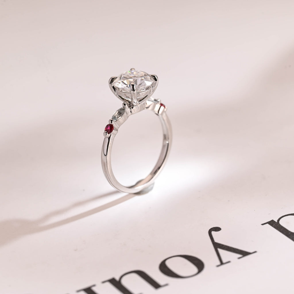 Solid Gold Round Moissanite Engagement Ring, Aquamarine & Ruby Side Stone Ring