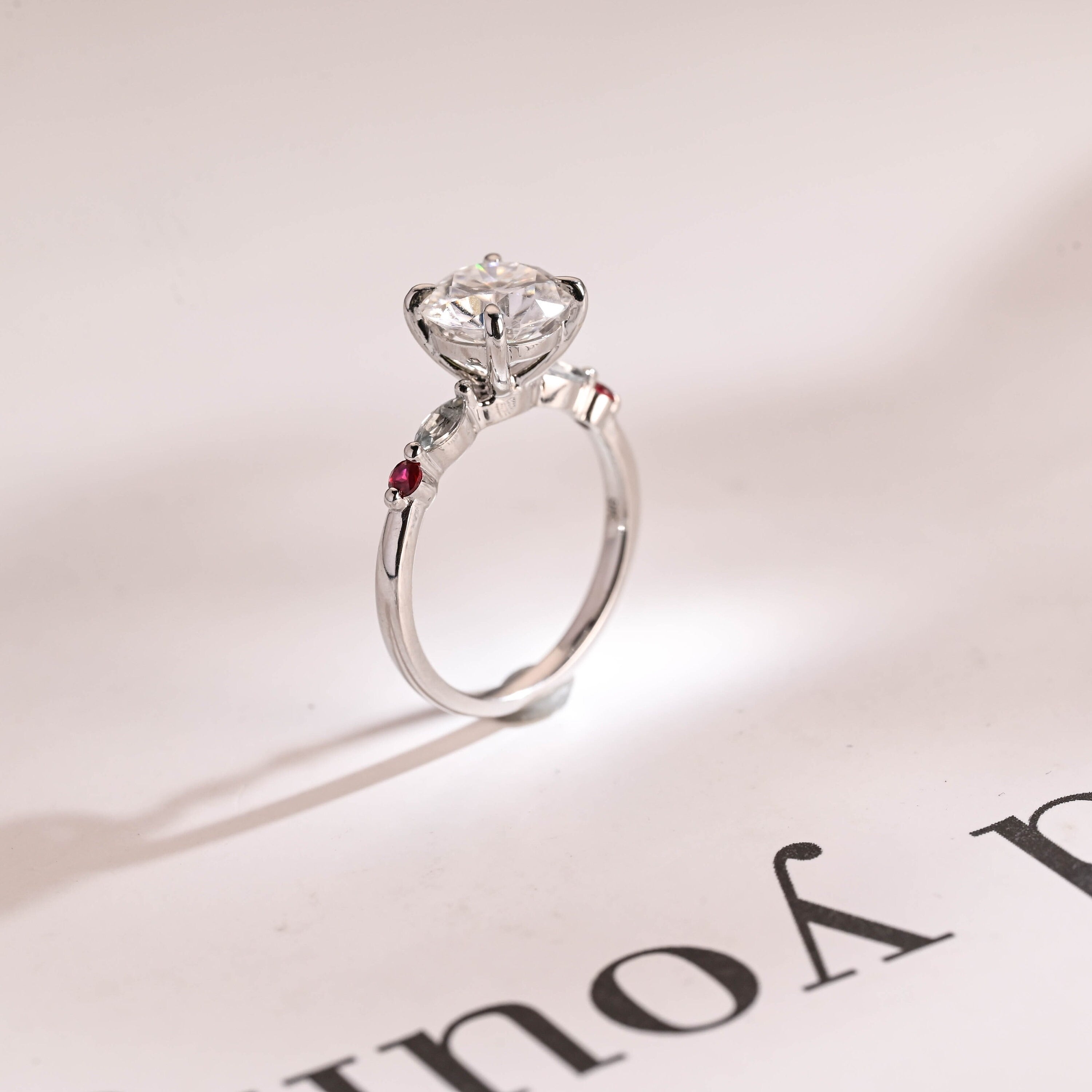 Solid Gold Round Moissanite Engagement Ring, Aquamarine & Ruby Side Stone Ring