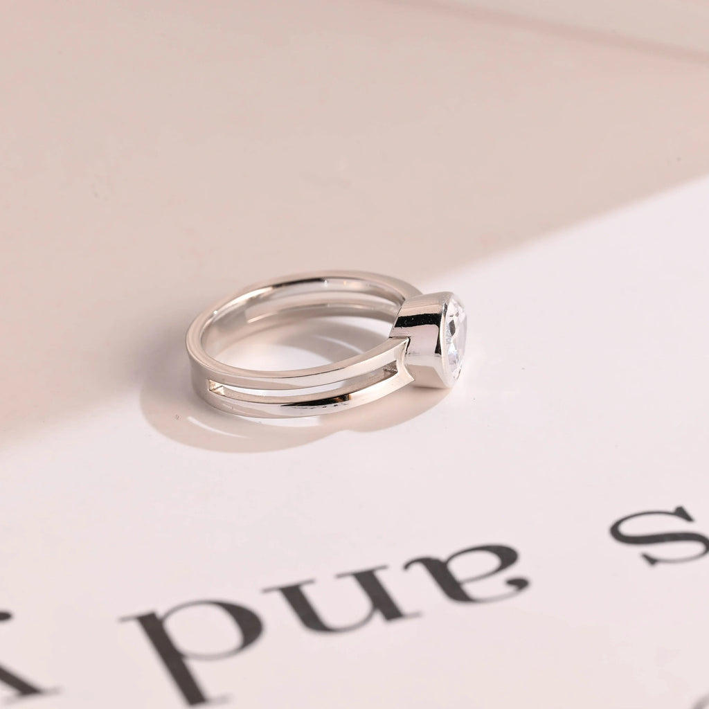 Solid Gold Pear Cut Moissanite Engagement Ring, Double Band Ring