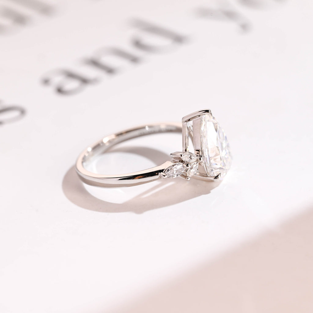 Solid Gold Pear Moissanite Engagement Ring, Proposal Ring for Her