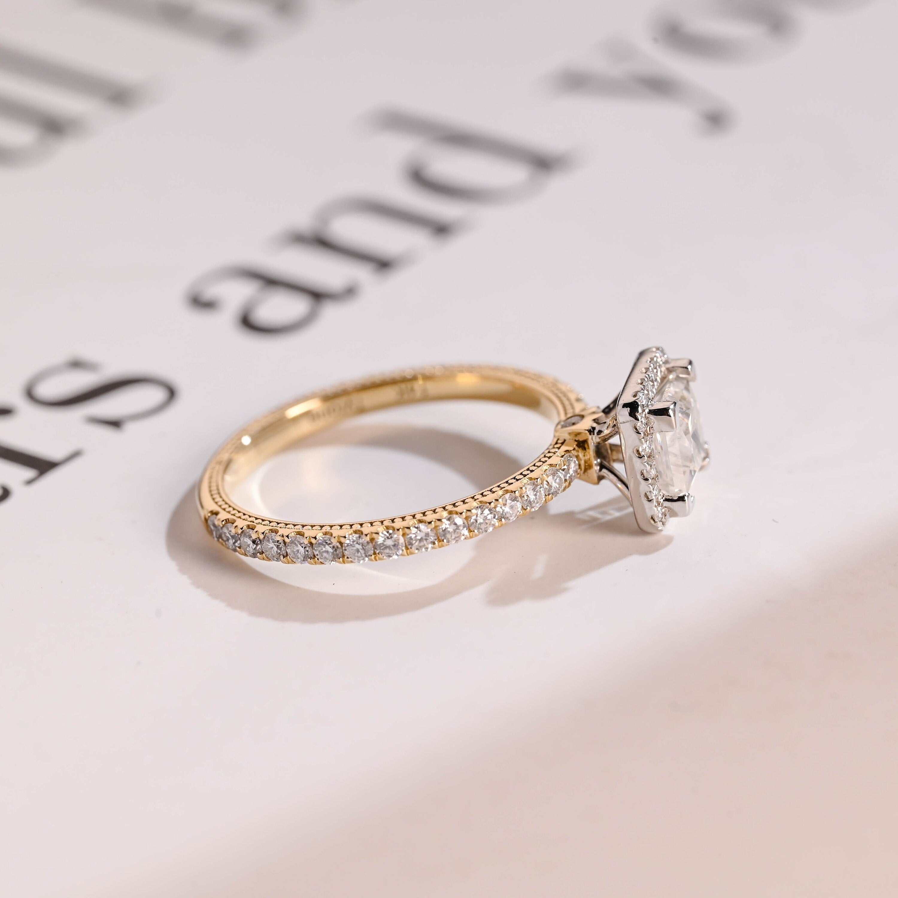 Solid Gold Two Tone Princess Moissanite Engagement Ring, Halo Bridal Ring