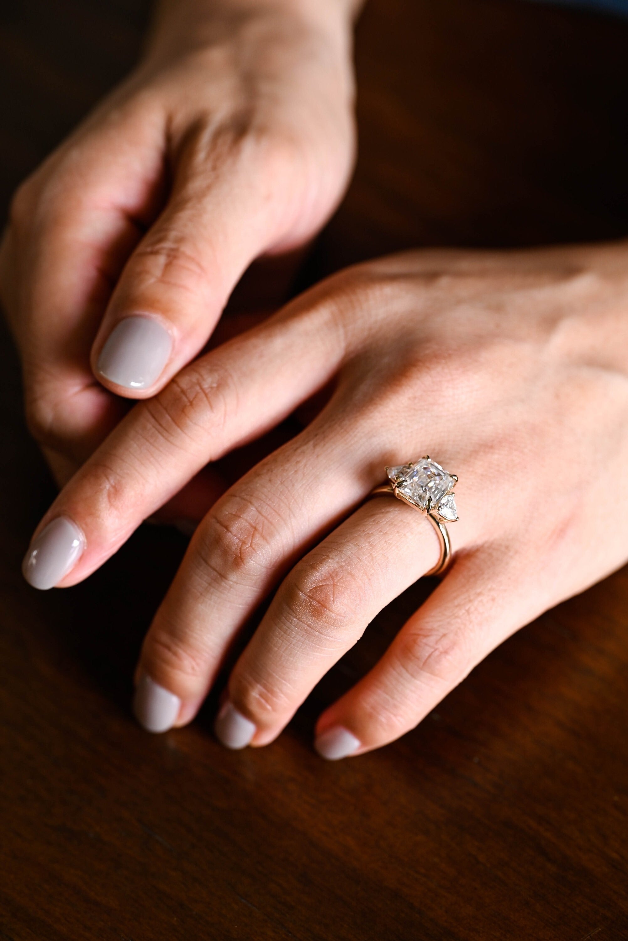Solid Gold Emerald Cut Moissanite Engagement Ring With Trillion Accent, Three Stone Ring