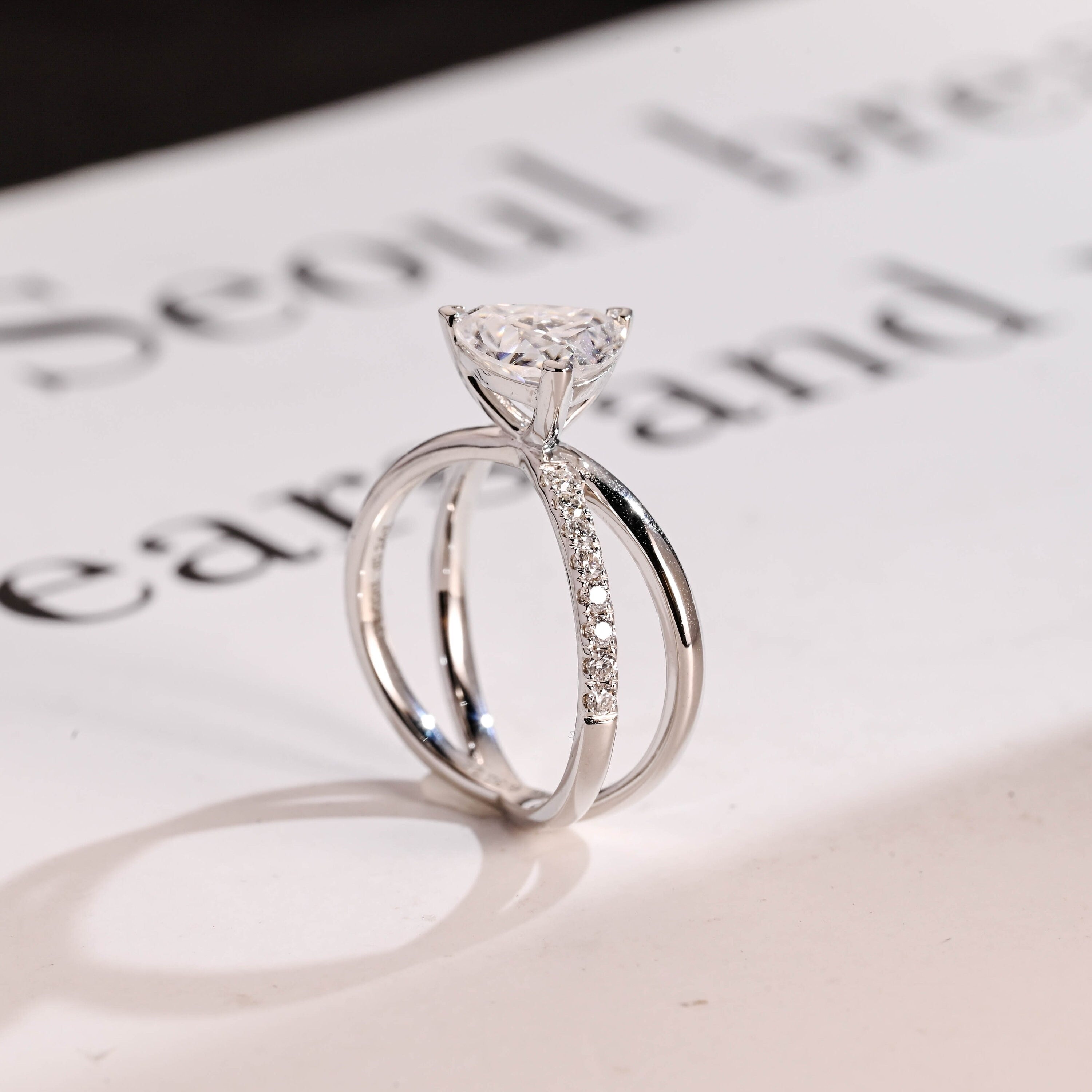 Solid Gold Trillion Cut Moissanite Engagement Ring, Double Band Open Shank Twisted Ring Secondary image