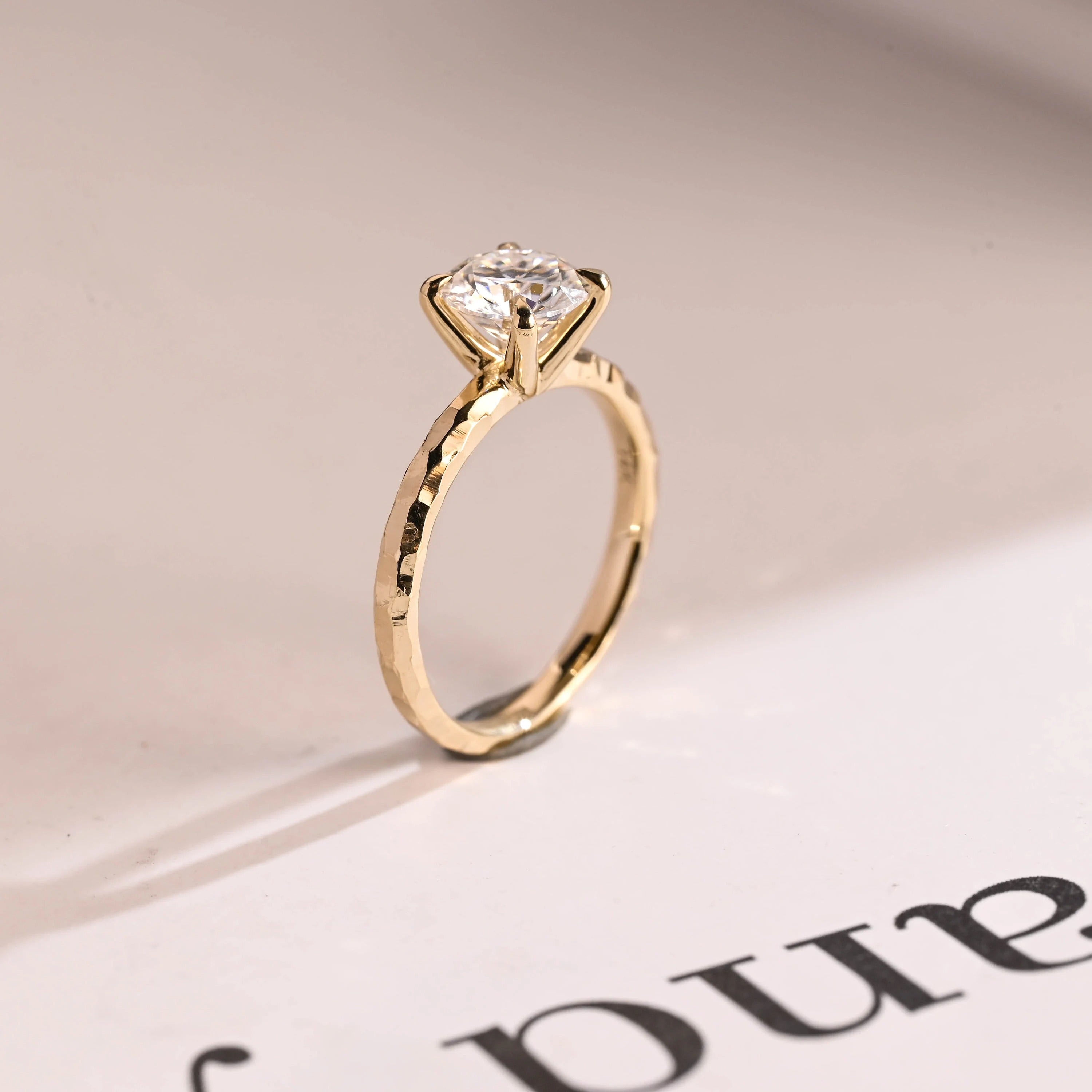 Solid Gold Round Cut Moissanite Engagement Ring, Hammered Ring Secondary image