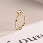 Solid Gold Round Cut Moissanite Engagement Ring, Hammered Ring