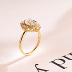 Solid Gold Oval Moissanite Engagement Ring, Floral Halo Proposal Ring
