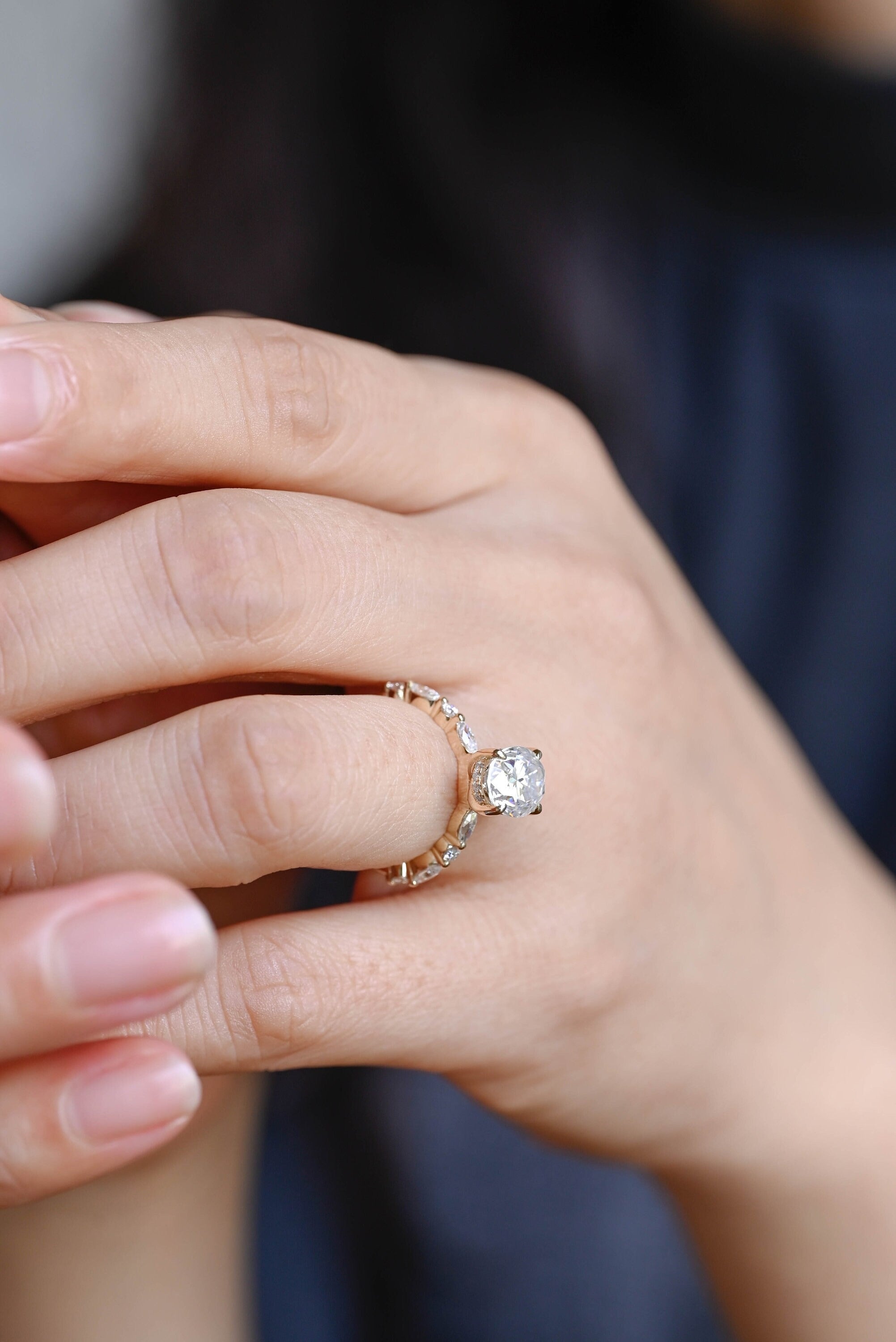 Solid Gold Oval Moissanite Engagement Ring, Hidden Halo Proposal Ring