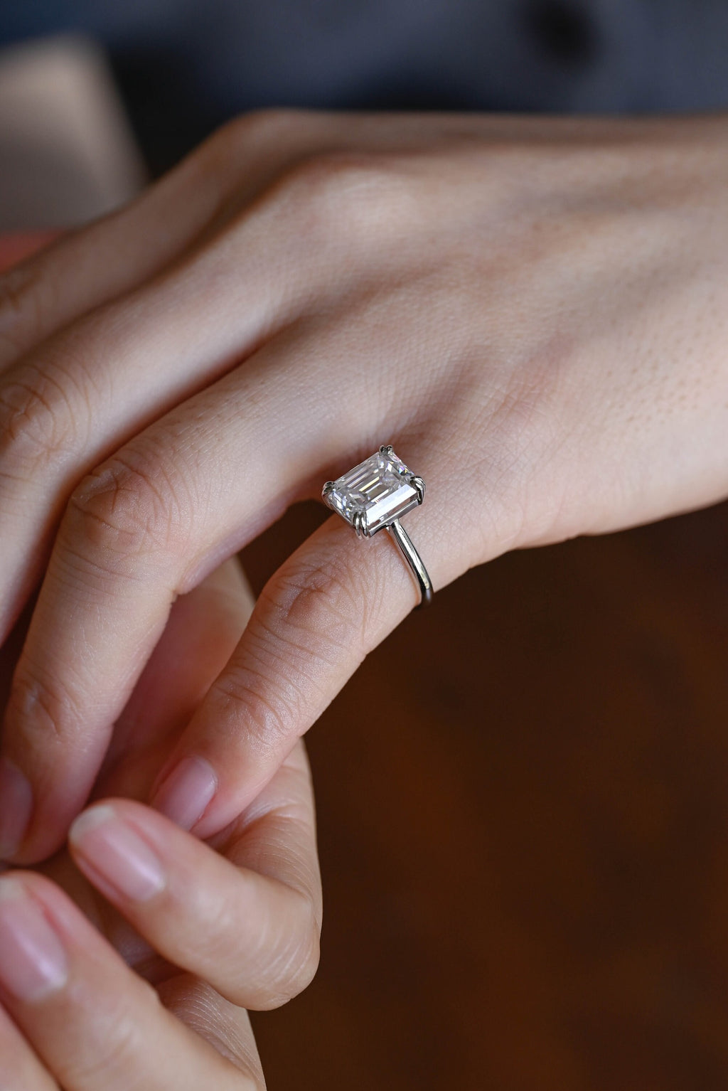 Solid Gold Double Claws Emerald Cut Moissanite Engagement Ring, Anniversary Gift