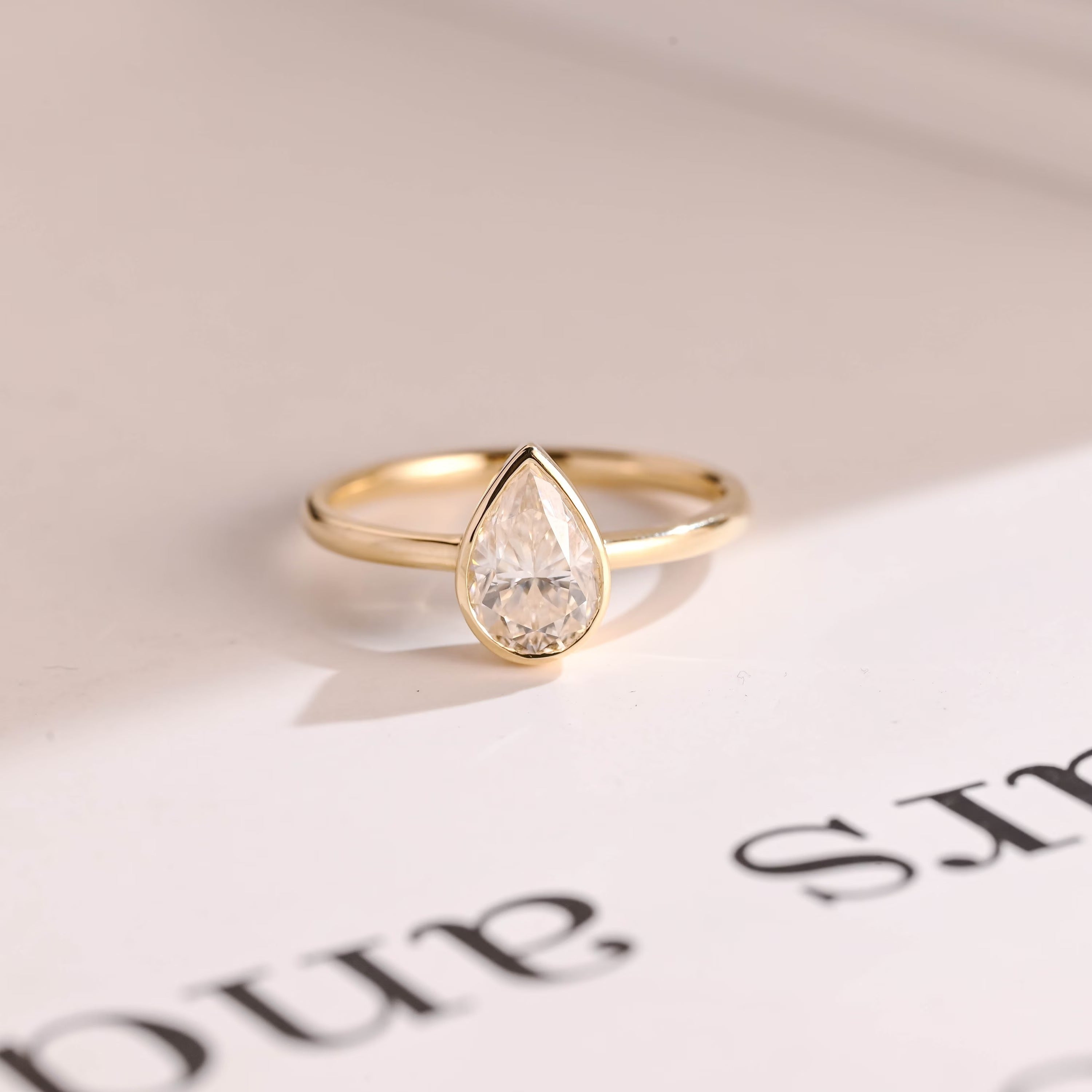 Solid Gold Pear Moissanite Engagement Ring with Bezel, Dainty Ring Main image