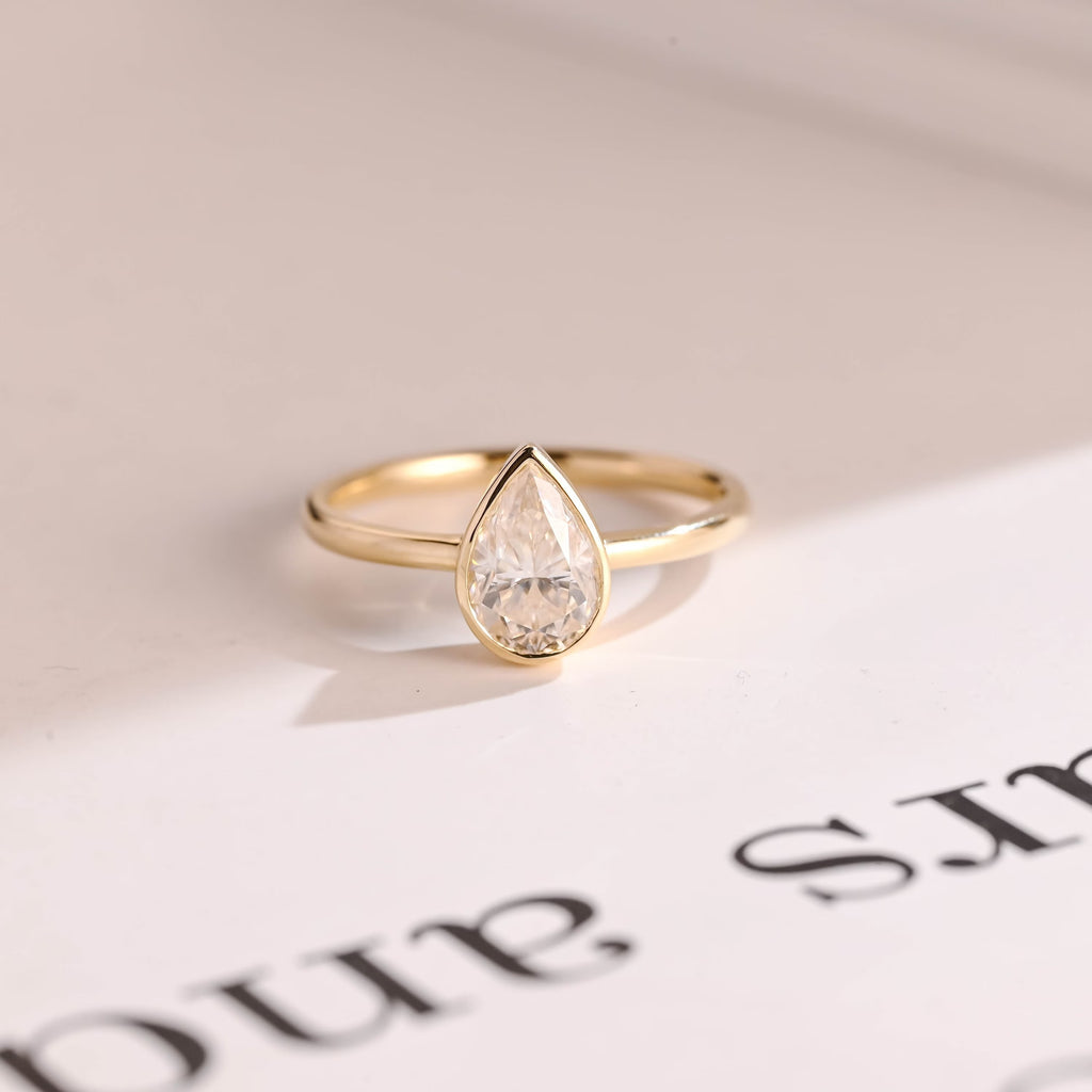 Solid Gold Pear Moissanite Engagement Ring with Bezel, Dainty Ring