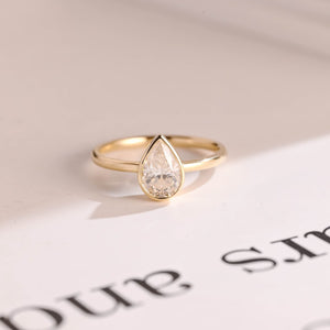 Solid Gold Pear Moissanite Engagement Ring with Bezel, Dainty Ring