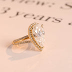 Solid Gold Pear Moissanite Engagement Ring, Double Band Split Shank Halo & Half Eternity Proposal Ring