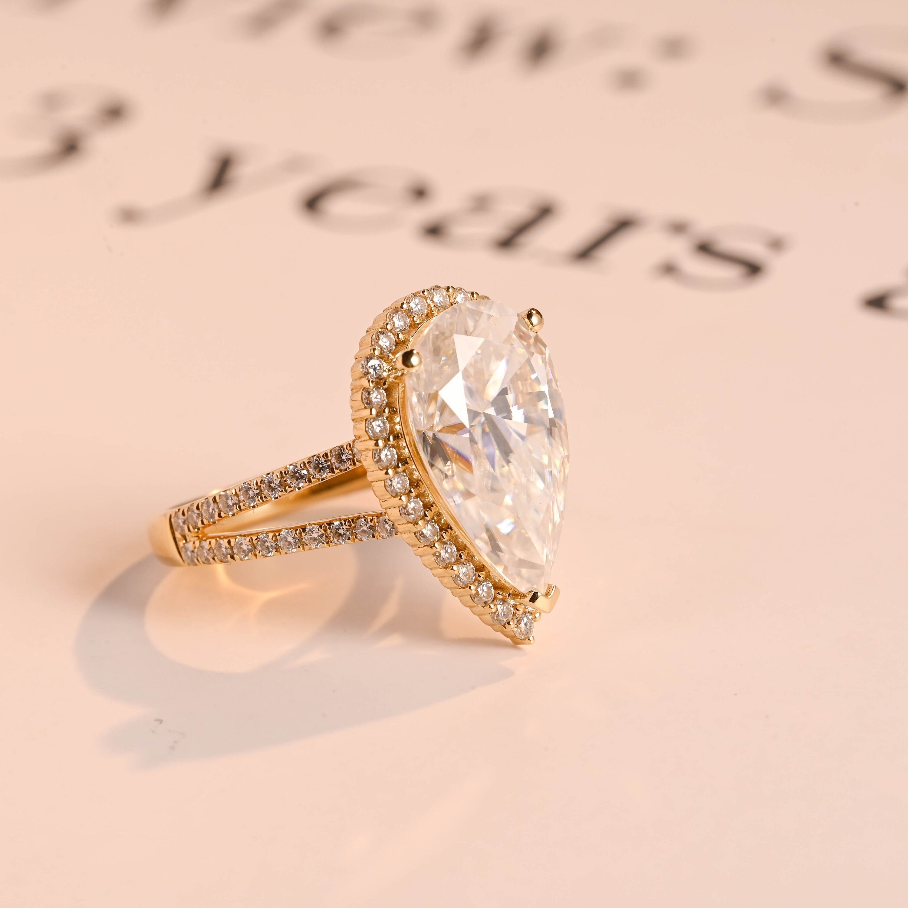 Solid Gold Pear Moissanite Engagement Ring, Double Band Split Shank Halo & Half Eternity Proposal Ring