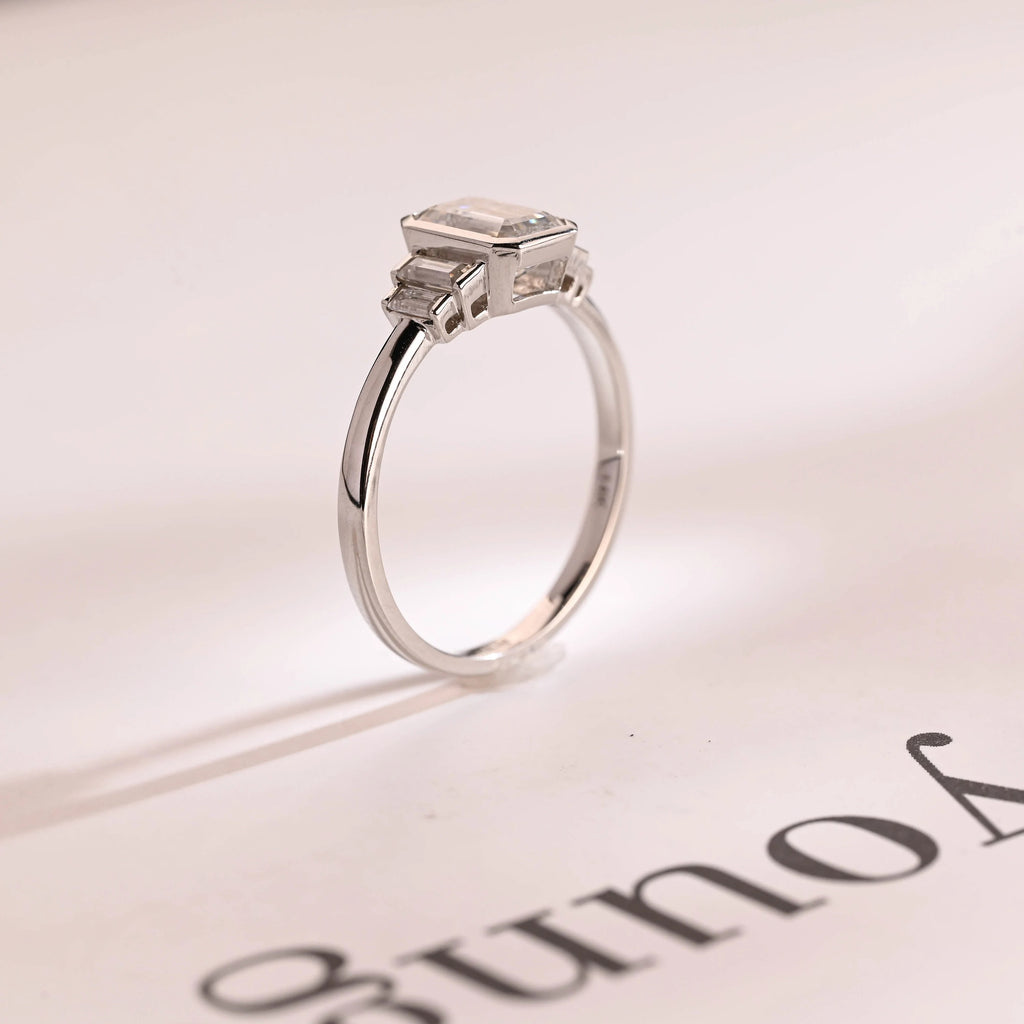 Solid Gold Emerald & Baguette Cut Moissanite Engagement Ring, Minimalist Cluster Bezel Ring