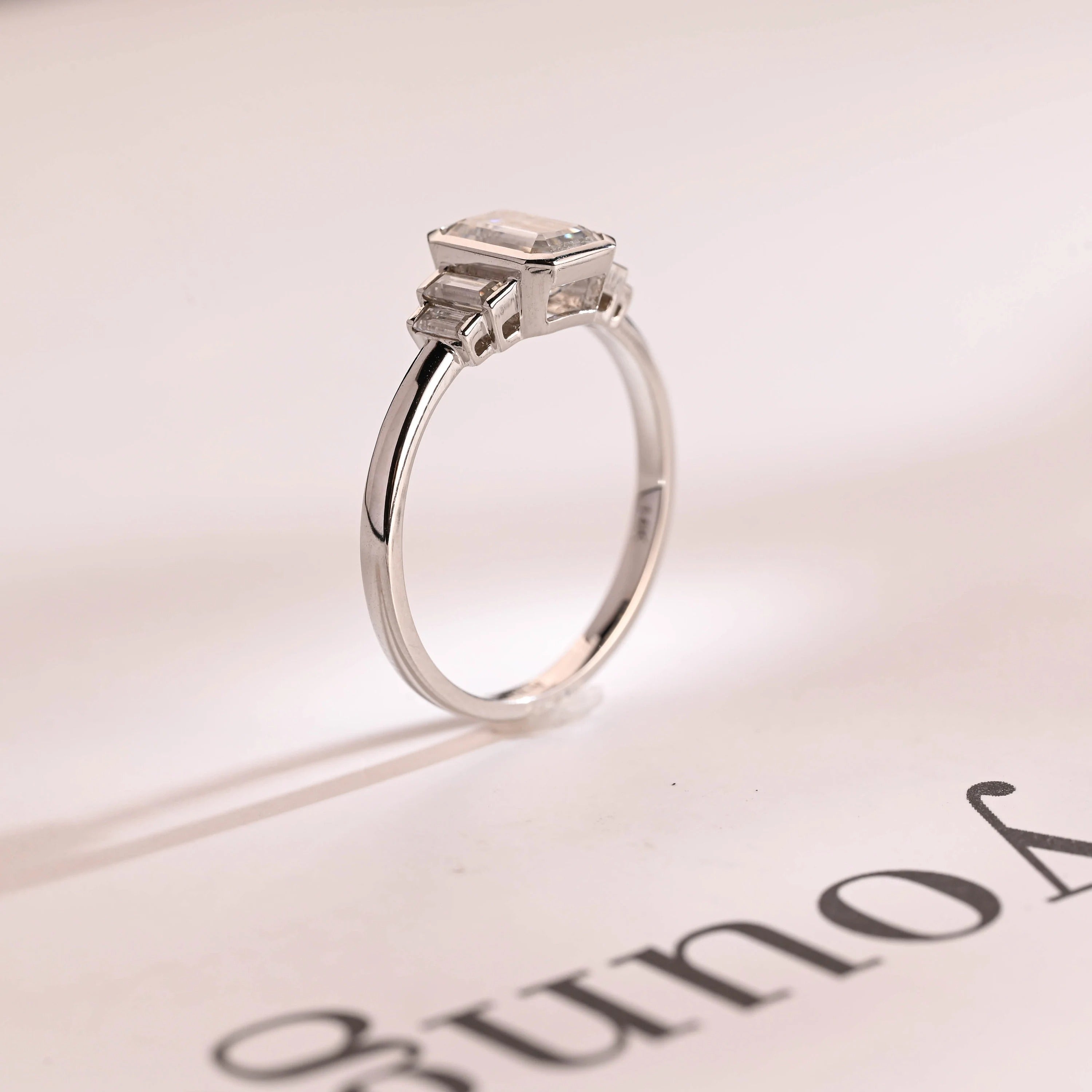 Solid Gold Emerald & Baguette Cut Moissanite Engagement Ring, Minimalist Cluster Bezel Ring