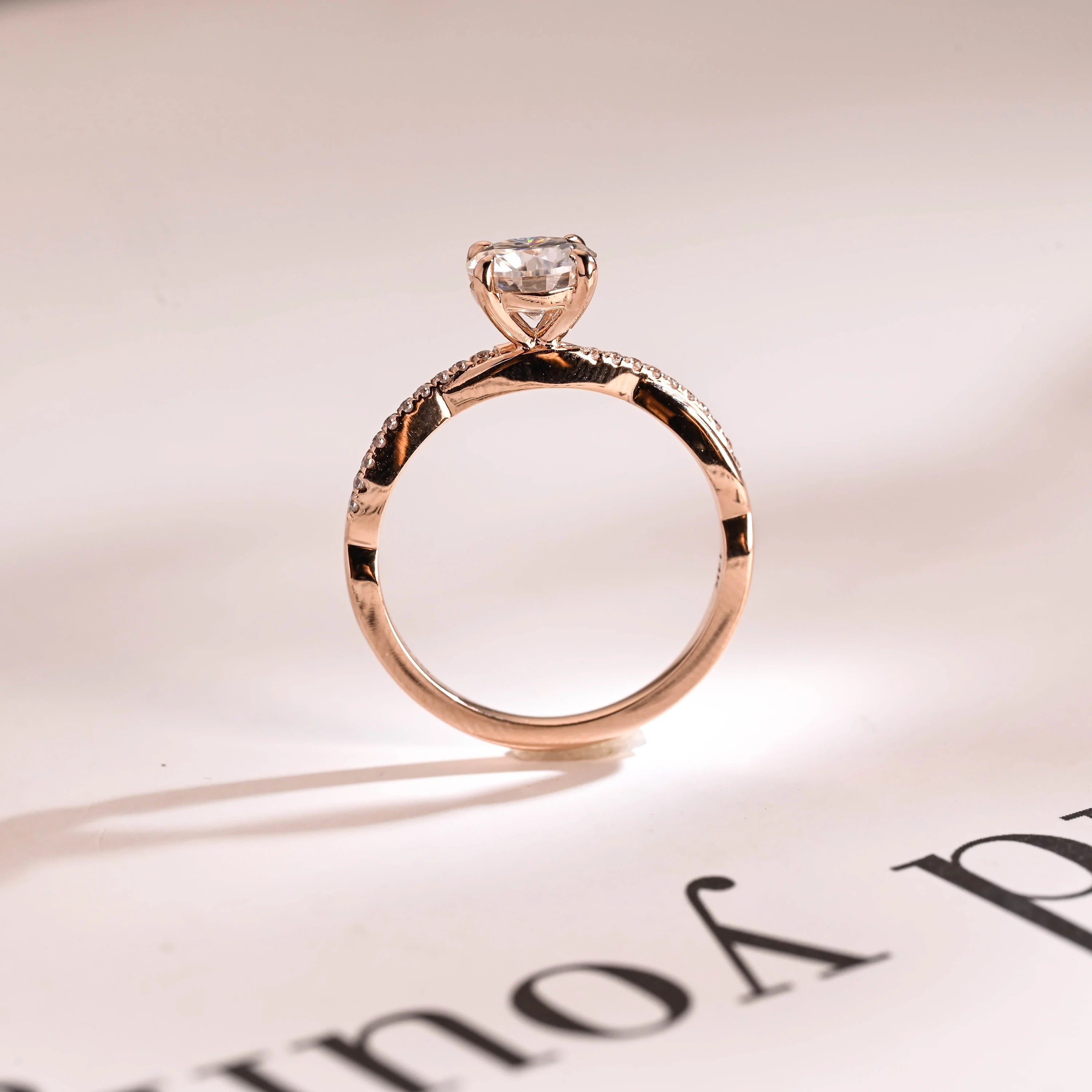 Solid Gold Round Moissanite Engagement Ring, Twisted Band Half Pave Anniversary Ring