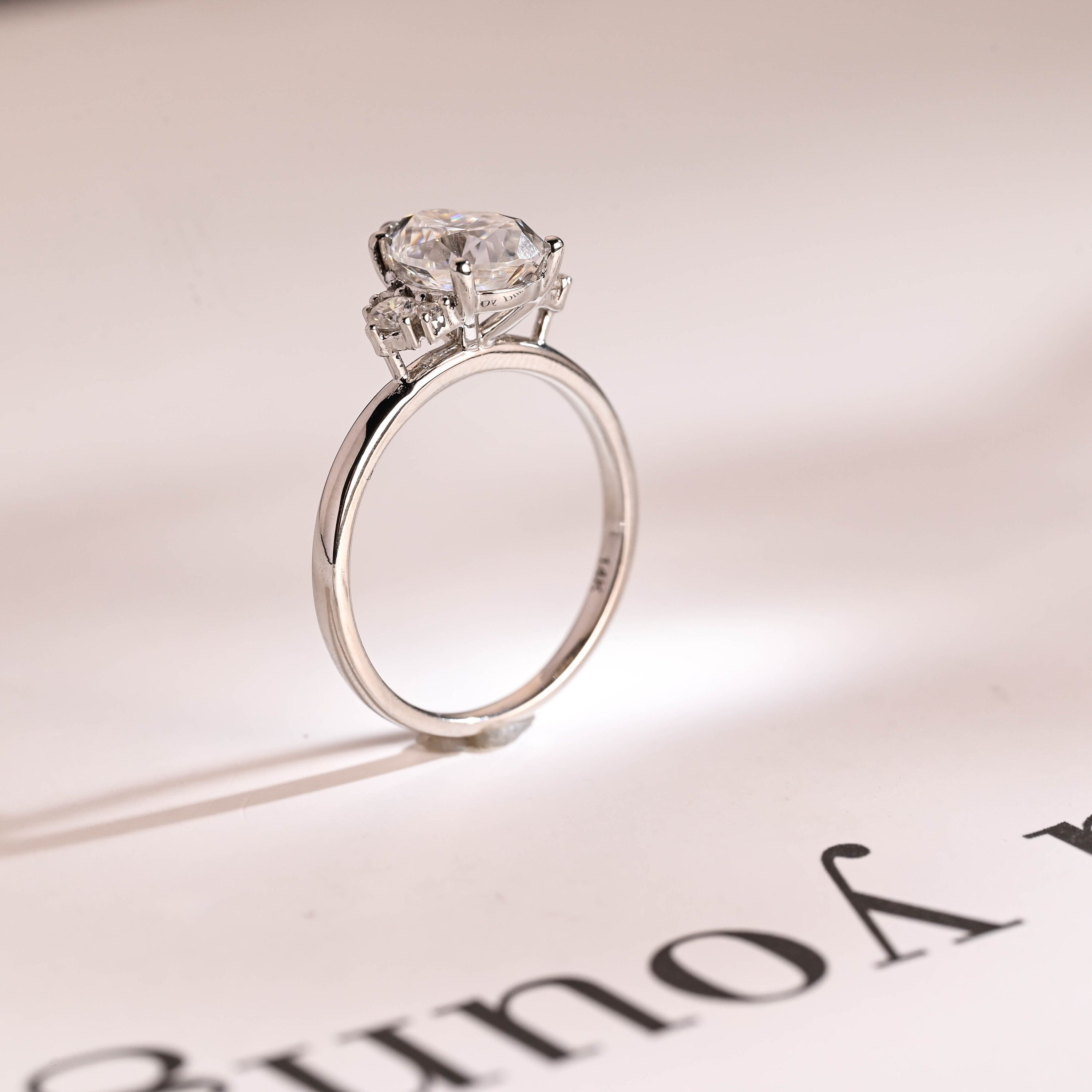 Solid Gold Pear Moissanite Engagement Ring with Accent Stone, Tear Drop Ring