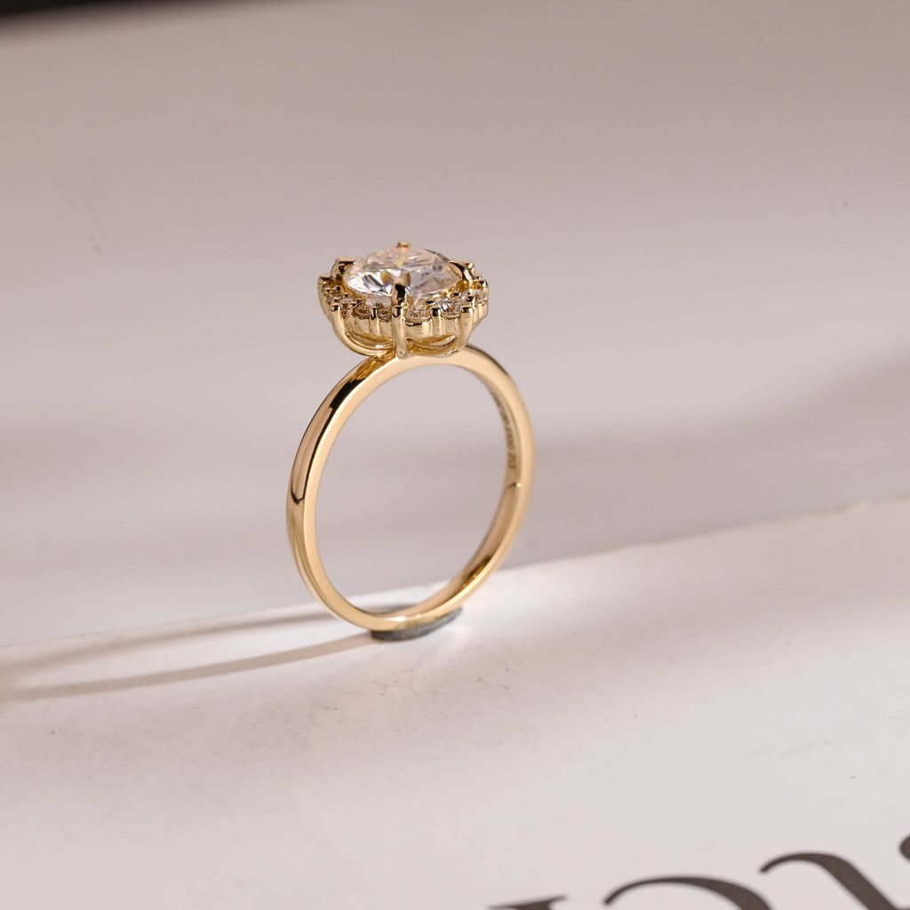 Solid Gold Sunflower Round Moissanite Engagement Ring, Dainty Promise Ring