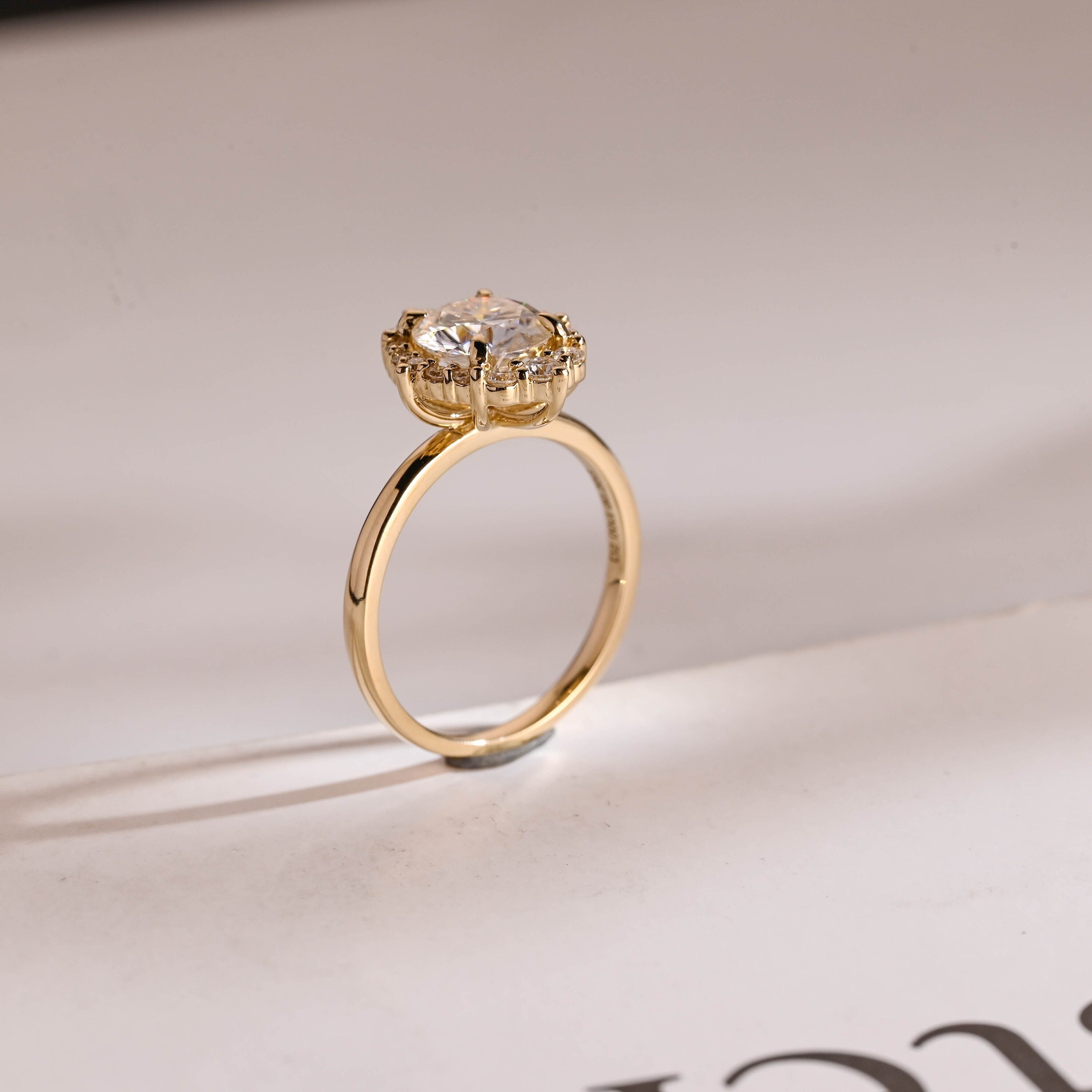 Solid Gold Sunflower Round Moissanite Engagement Ring, Dainty Promise Ring