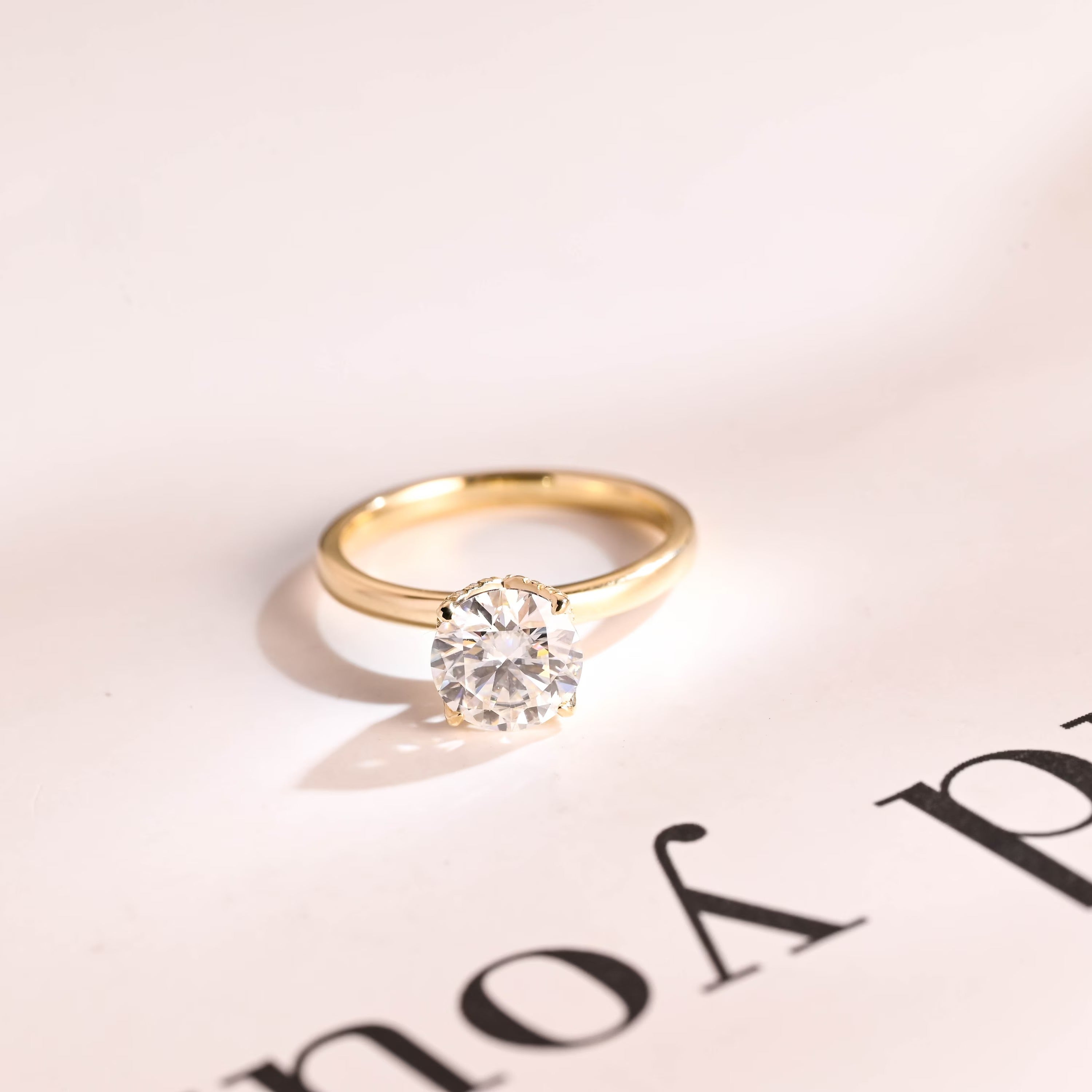 Solid Gold Tulip Floral Hidden Halo Round Moissanite Engagement Ring, Anniversary Gift for Her Main image