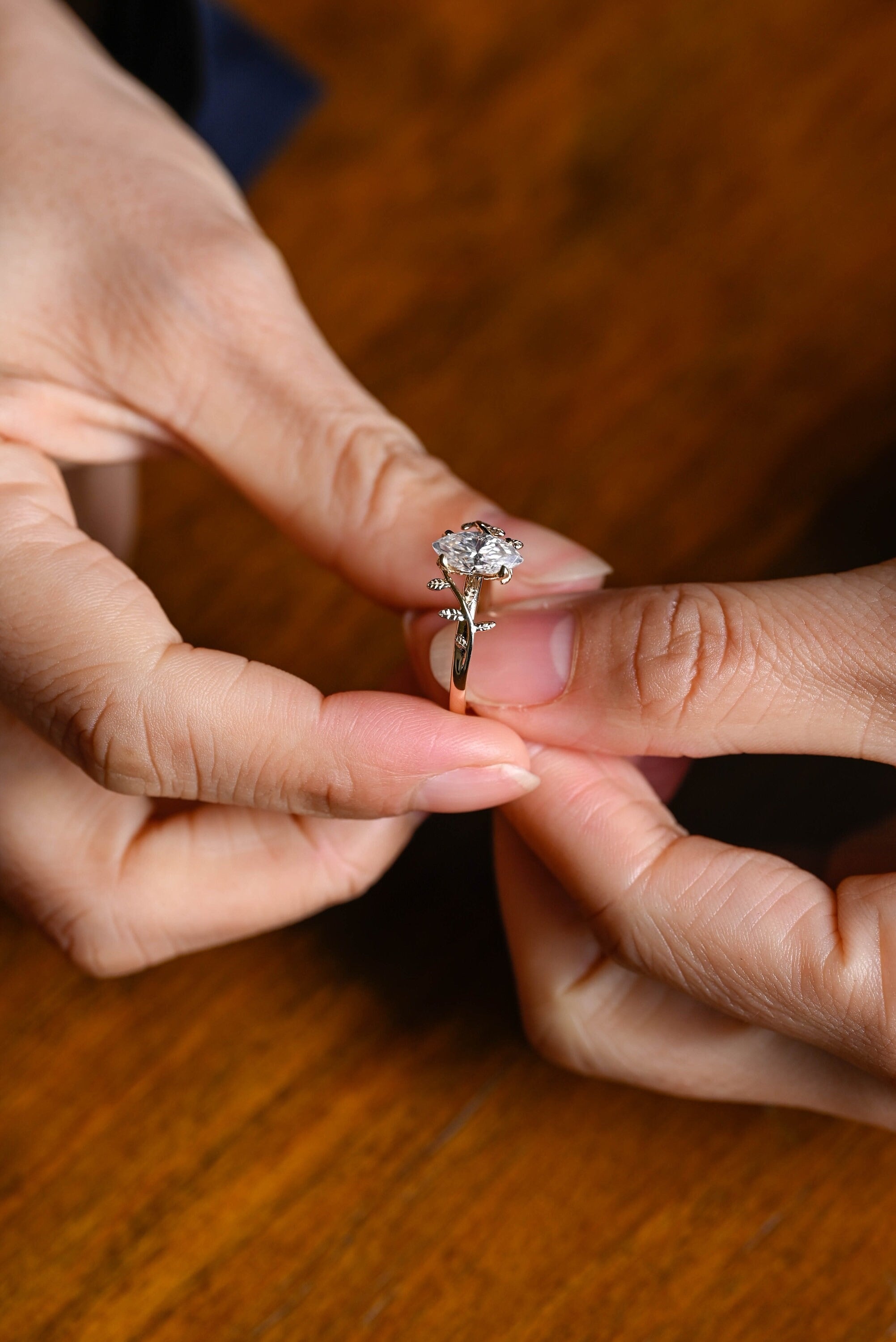 Solid Gold Leaf Ring, Marquise Moissanite Engagement Ring, Proposal Ring