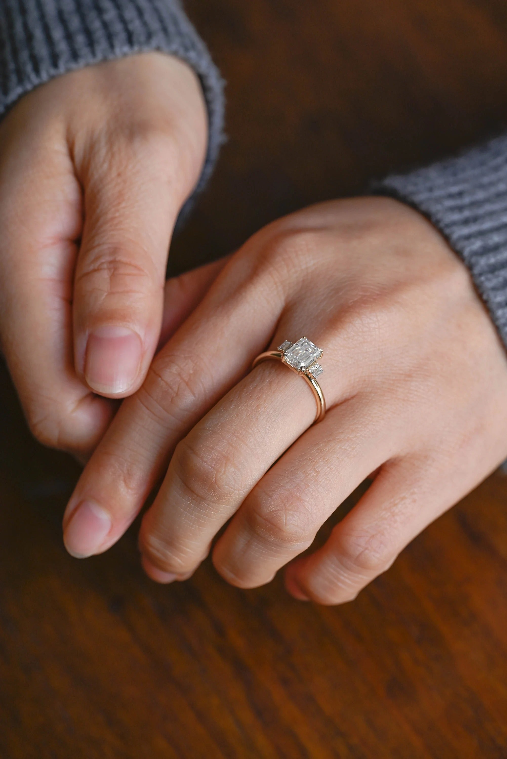 Solid Gold Emerald Cut Moissanite Engagement Ring, Dainty Cluster Promise Ring