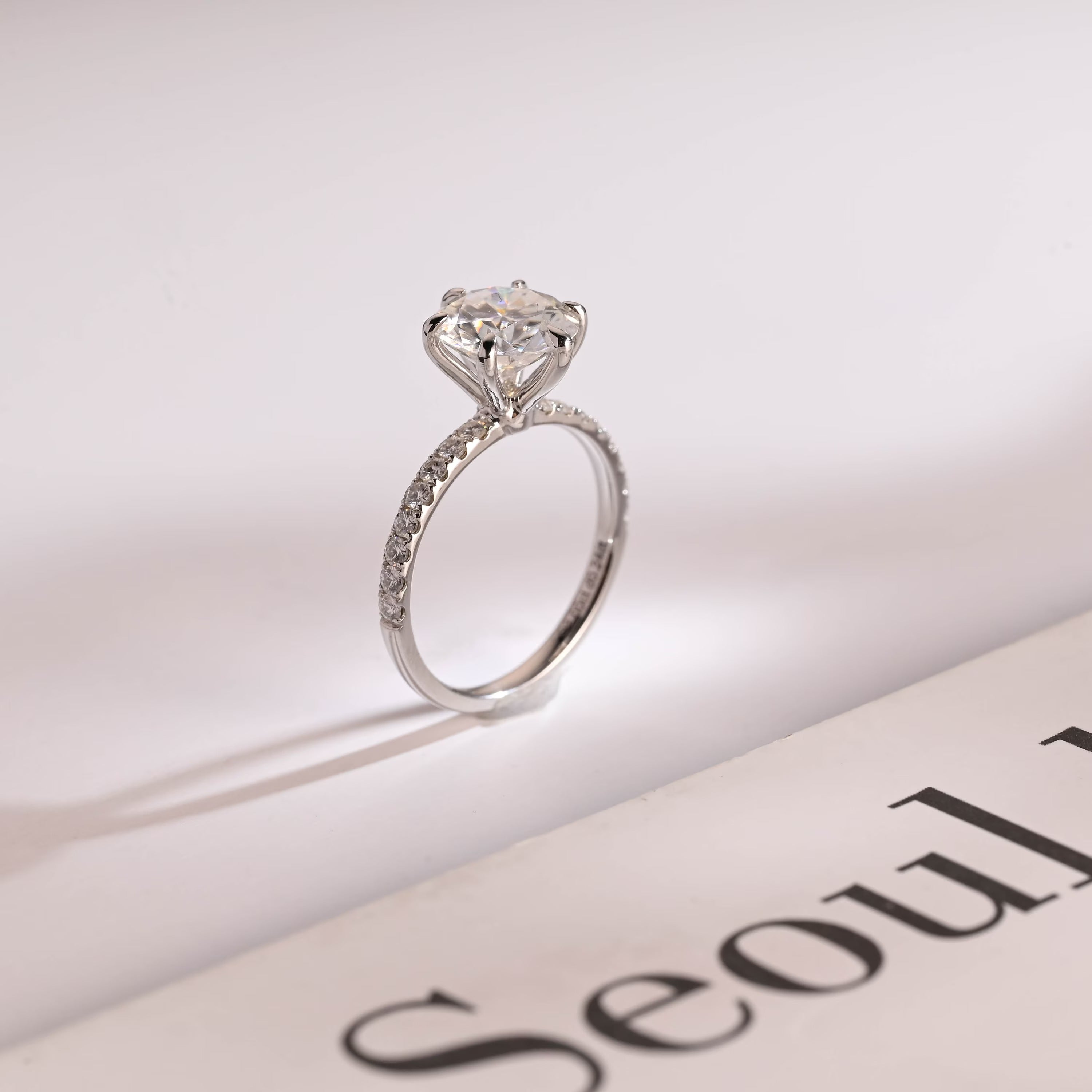 Solid Gold Half Eternity Round Moissanite Engagement Ring, Anniversary Gift for Wife