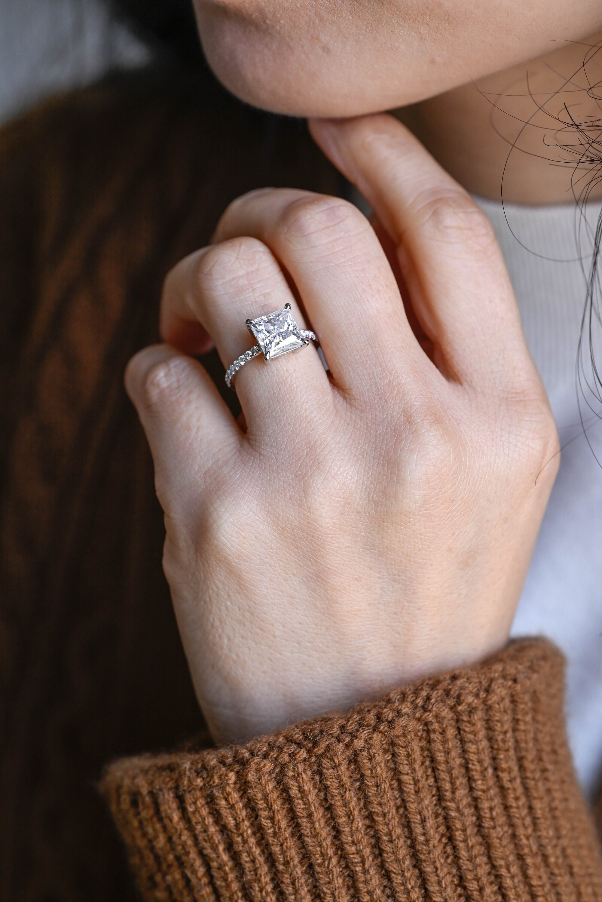 Solid Gold Half Eternity Princess Cut Moissanite Engagement Ring, Promise Ring Secondary image