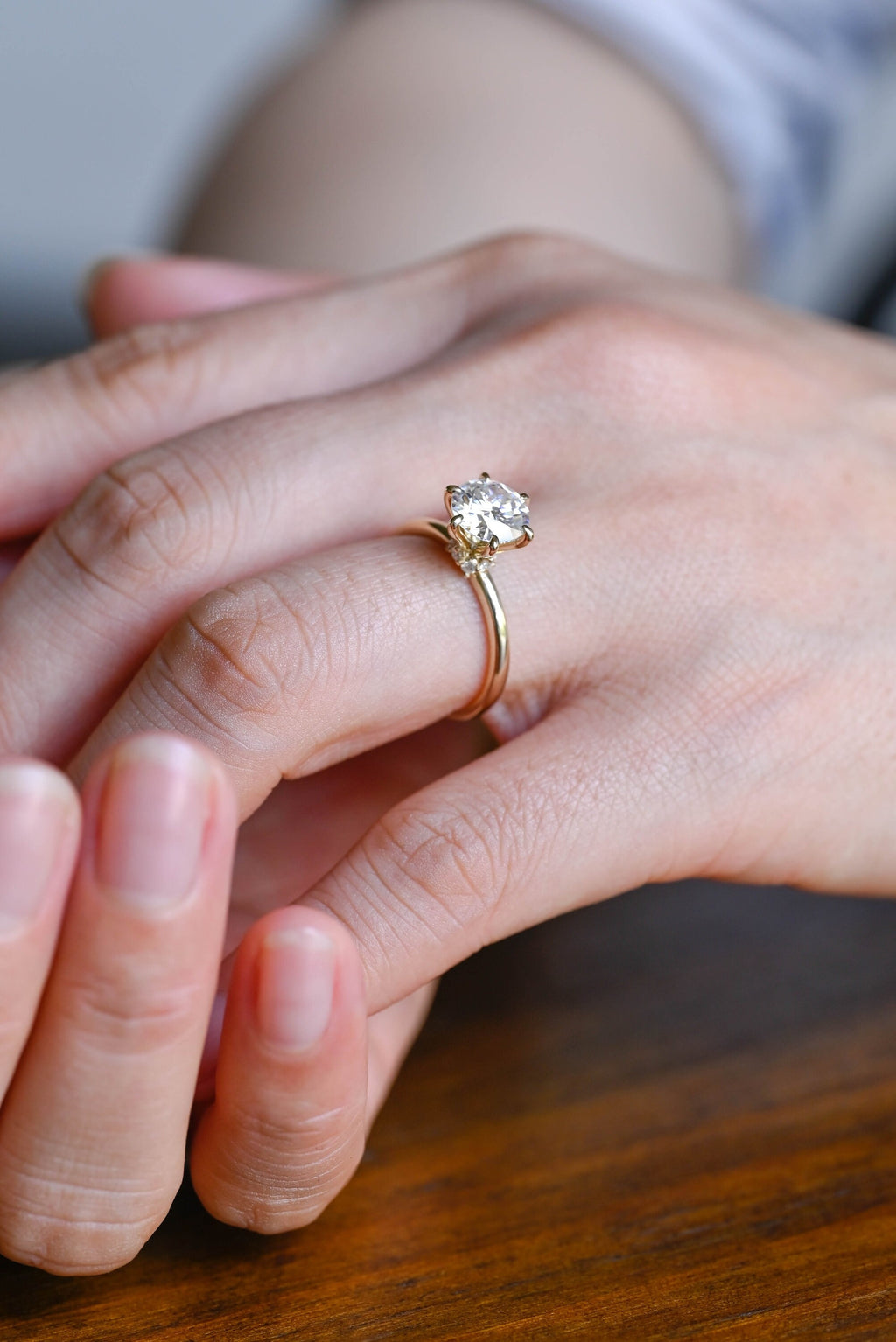 Solid Gold Hidden Halo Round Cut Moissanite Engagement Ring, Solitaire Promise Ring for Her