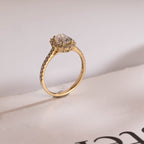 Solid Gold Floral Halo Oval Moissanite Engagement Ring, Half Eternity Proposal Ring