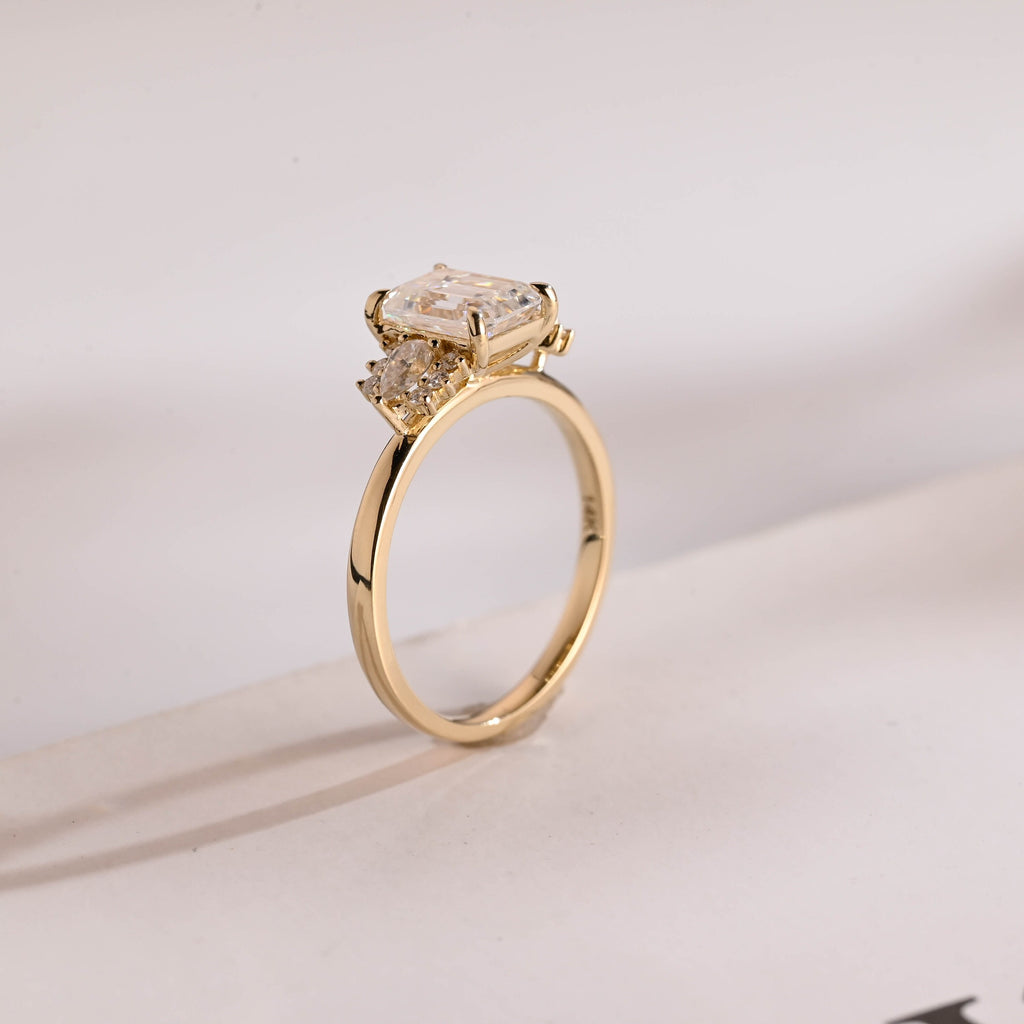 Solid Gold Emerald Cut Moissanite Engagement Ring With Trapezoid, Dainty Cluster Promise Ring