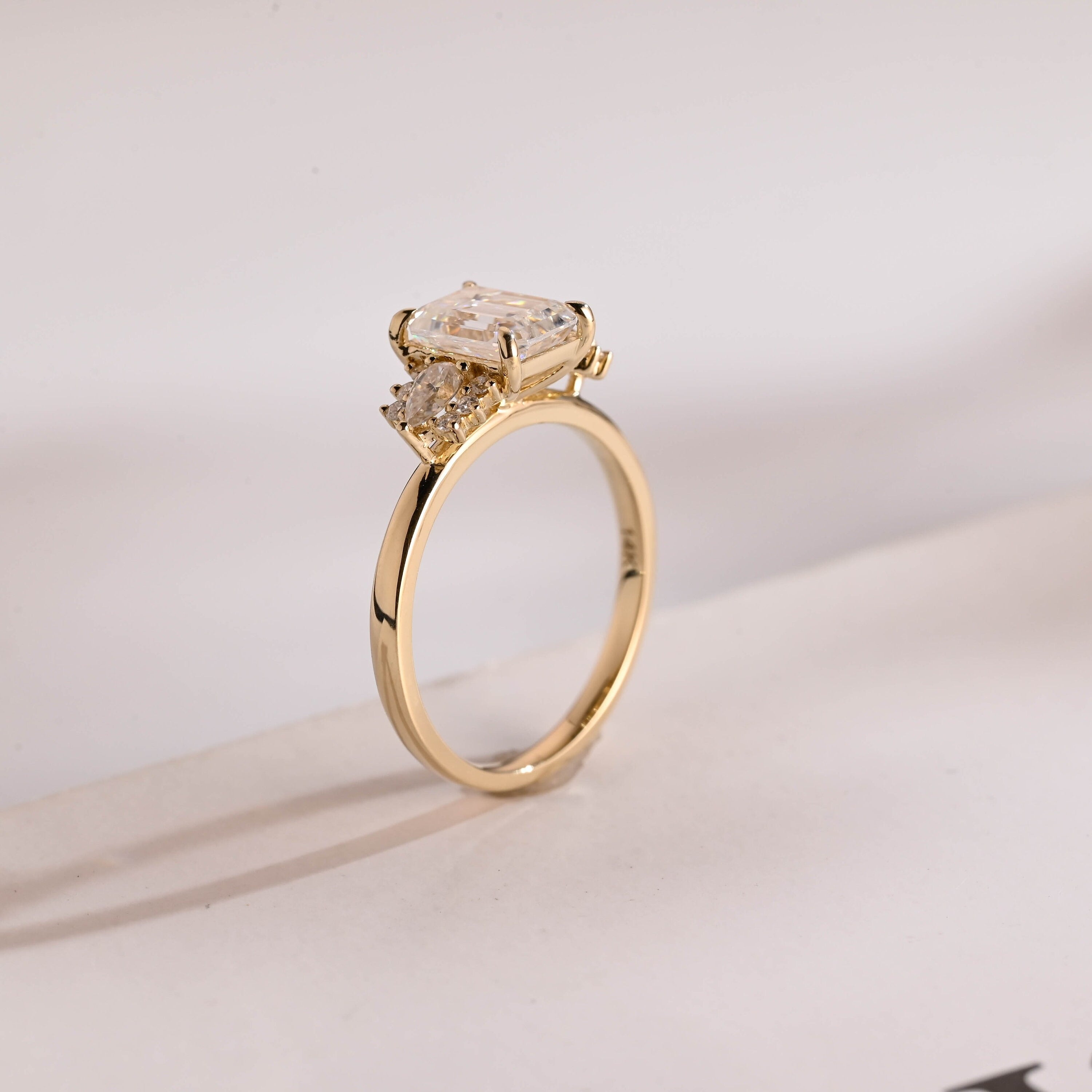 Solid Gold Emerald Cut Moissanite Engagement Ring With Trapezoid, Dainty Cluster Promise Ring