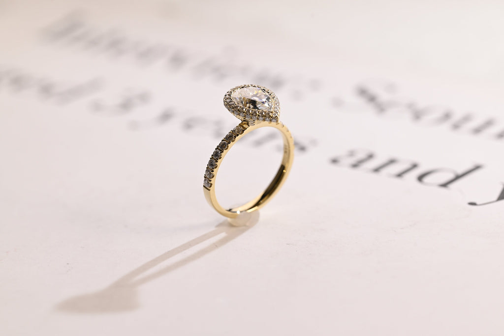 Solid Gold Pear Moissanite Engagement Ring, Half Eternity & Halo Promise/Proposal Ring