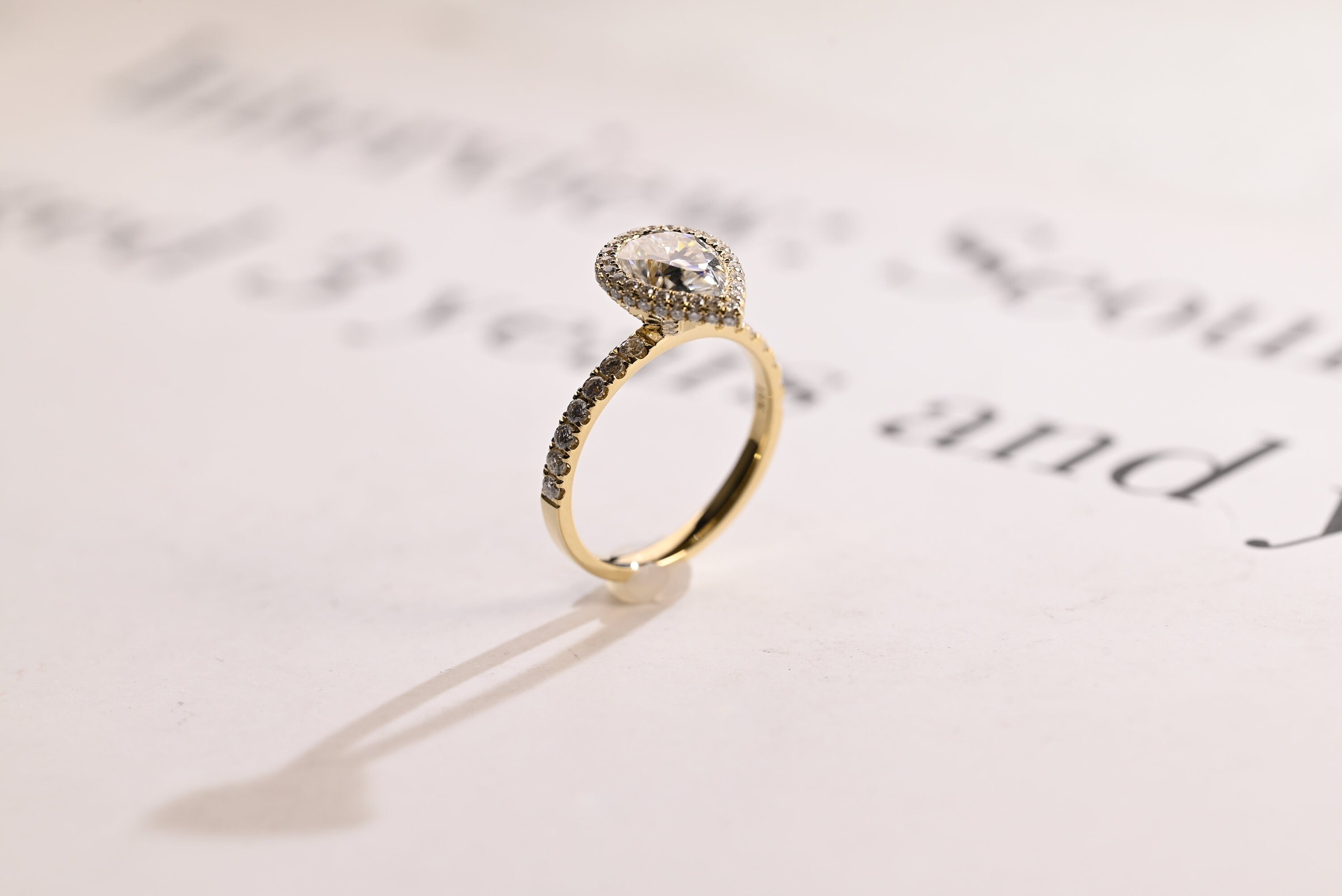 Solid Gold Pear Moissanite Engagement Ring, Half Eternity & Halo Promise/Proposal Ring