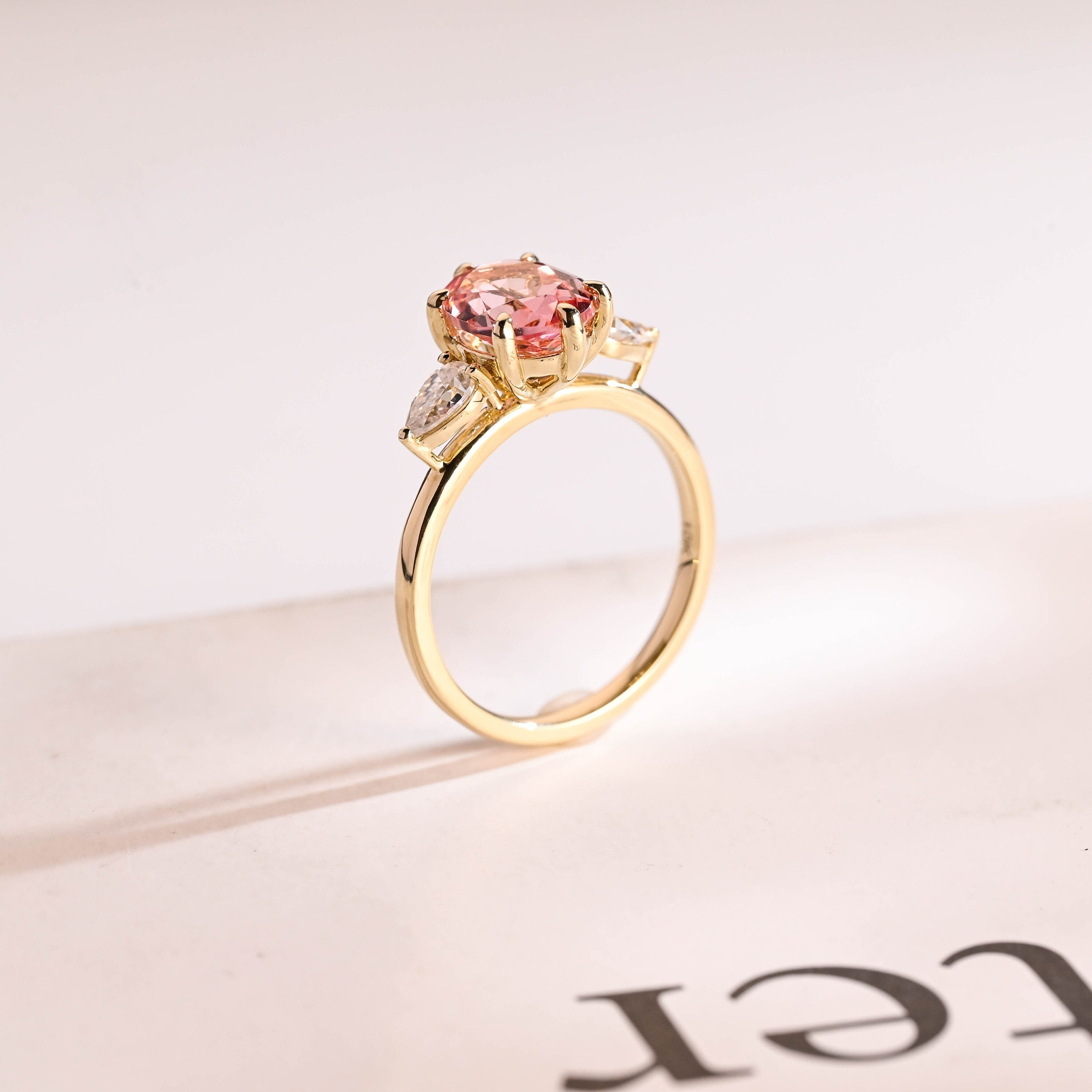 Solid Gold Oval Cut Moissanite Pink Sapphire Engagement Ring with Pear Moissanite