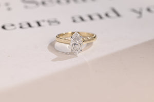 Solid Gold Two Tone Marquise Moissanite Engagement Ring, Unique Proposal Ring