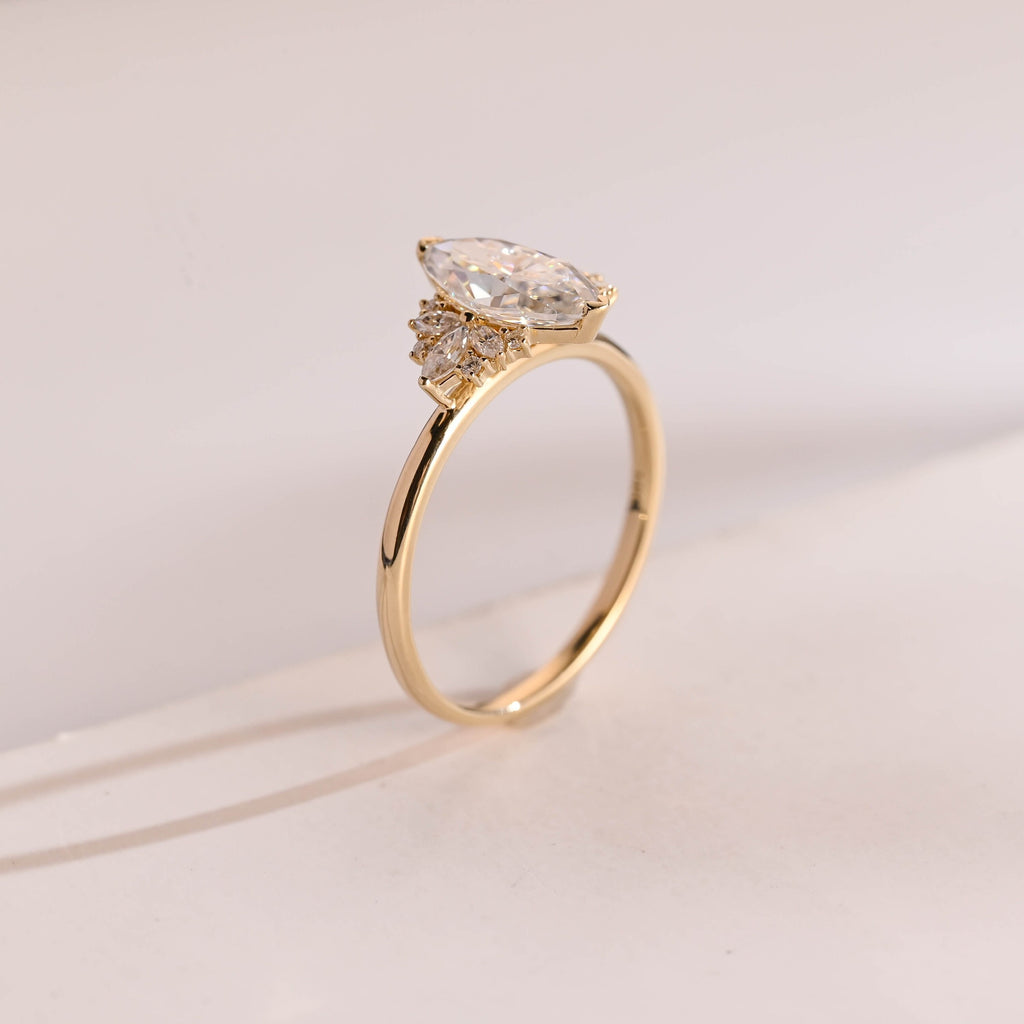 Solid Gold Marquise Moissanite Engagement Ring with Accent Stones