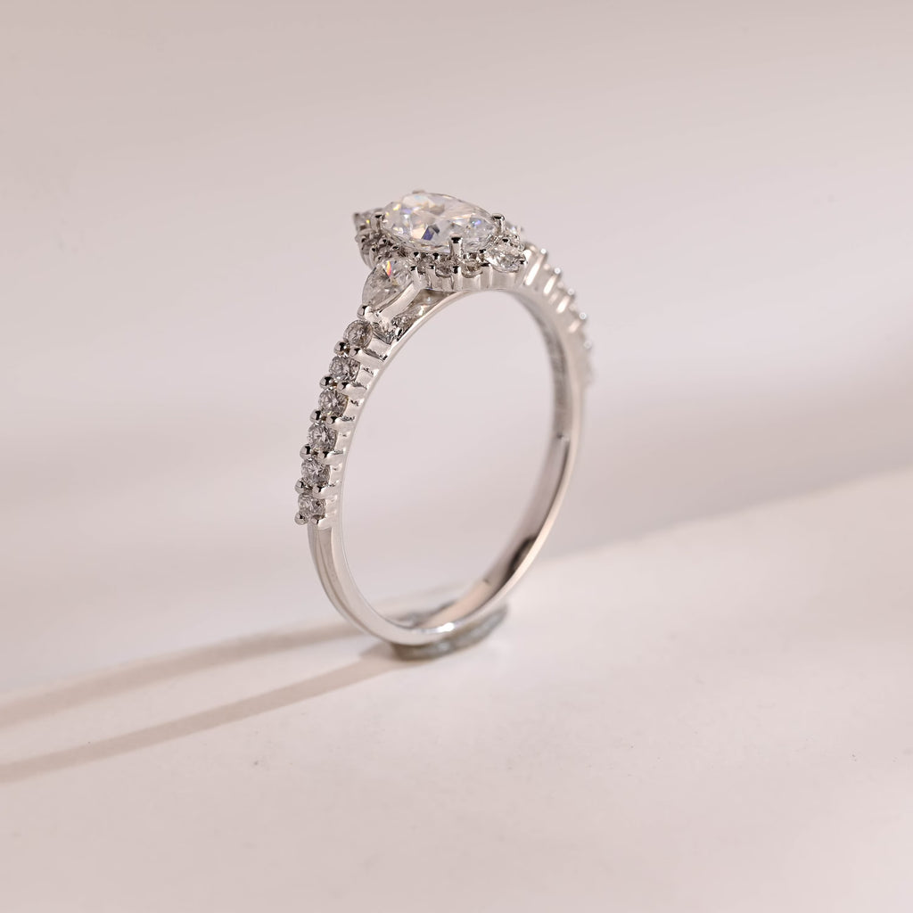 Solid Gold Halo Crushed Ice Oval Moissanite Engagement Ring, Half Eternity Proposal Ring