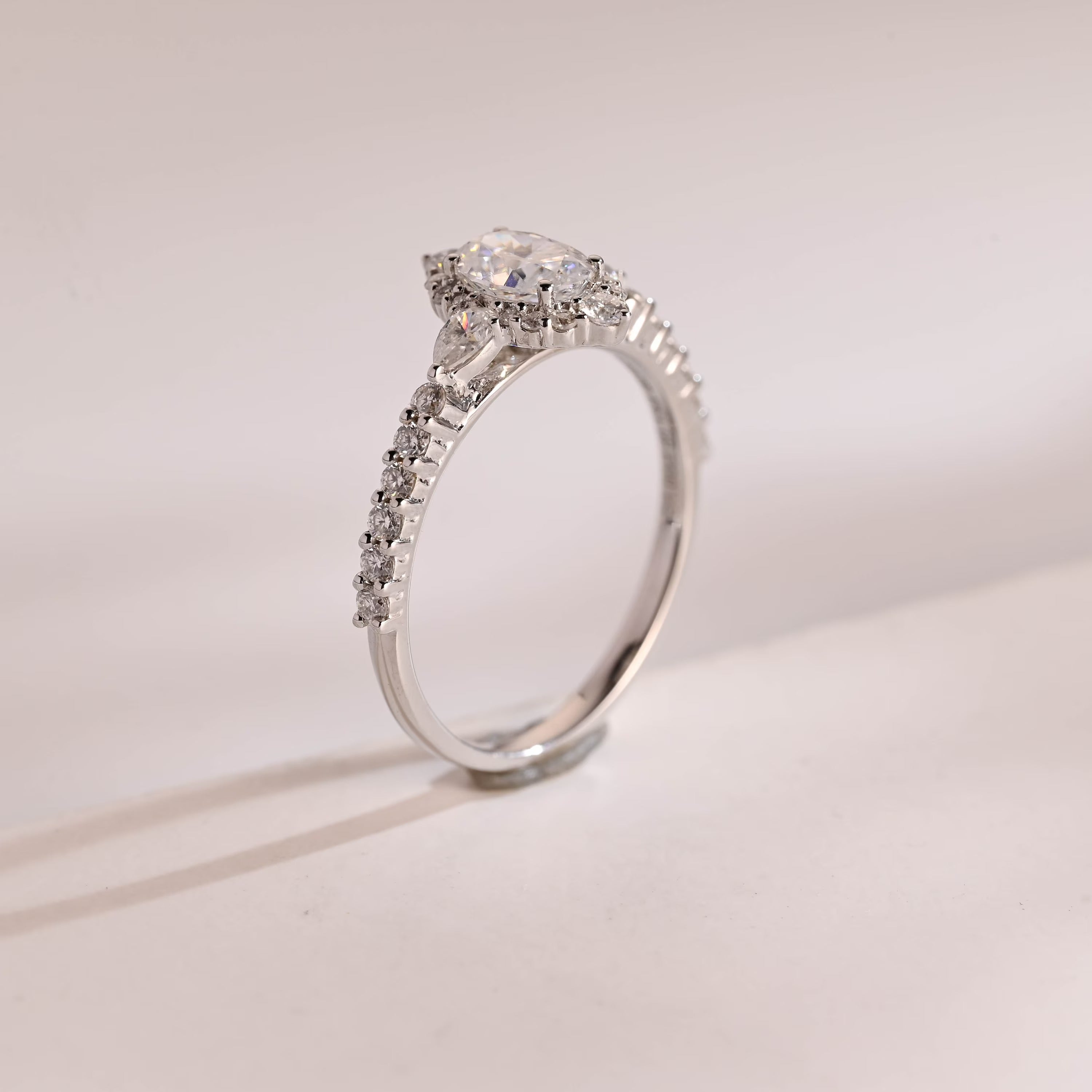Solid Gold Halo Crushed Ice Oval Moissanite Engagement Ring, Half Eternity Proposal Ring