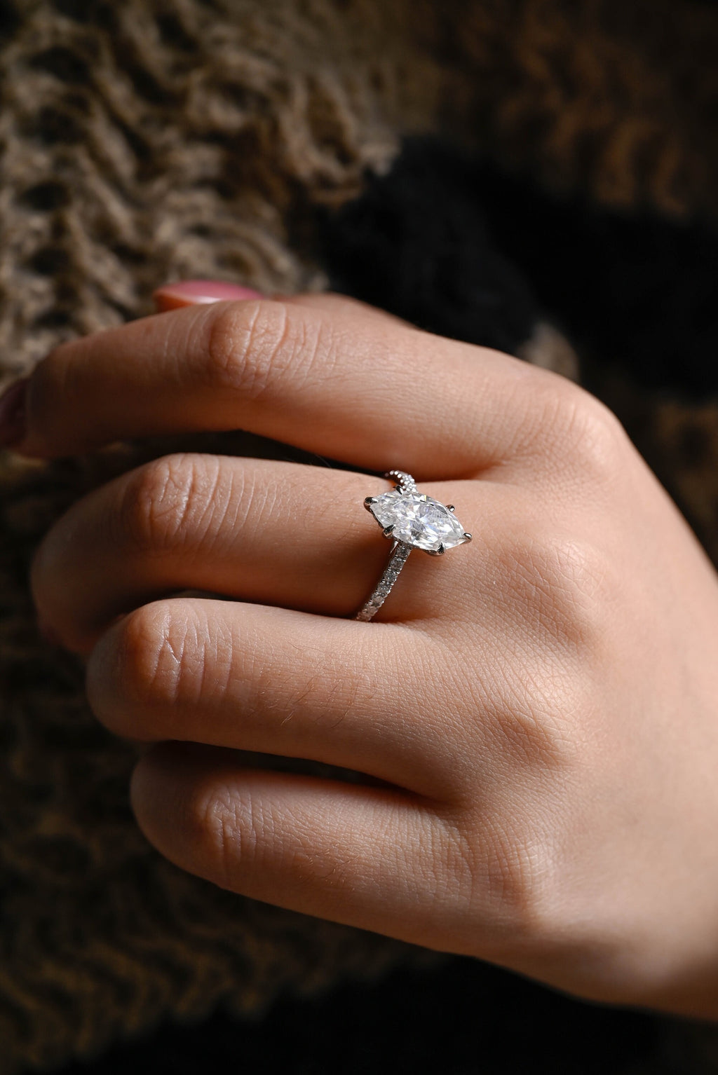 Solid Gold Marquise Cut Moissanite Engagement Ring with Hidden Halo