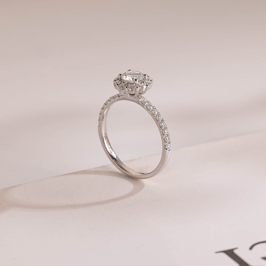 Solid Gold Sunflower Round Moissanite Engagement Ring, Half Eternity Promise Ring