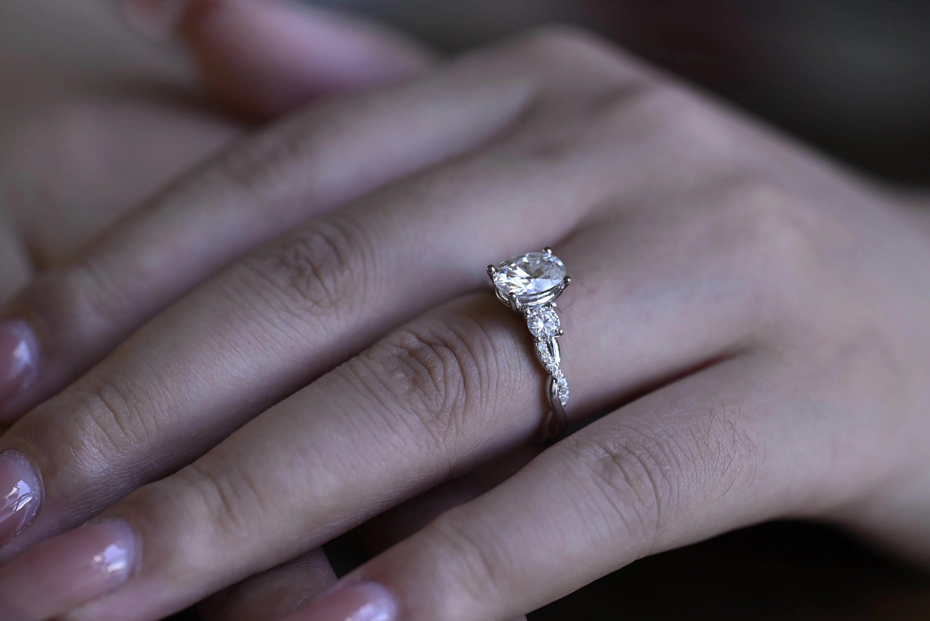 Solid Gold Oval Moissanite Engagement Ring, Twisted Band Half Eternity Bridal Ring