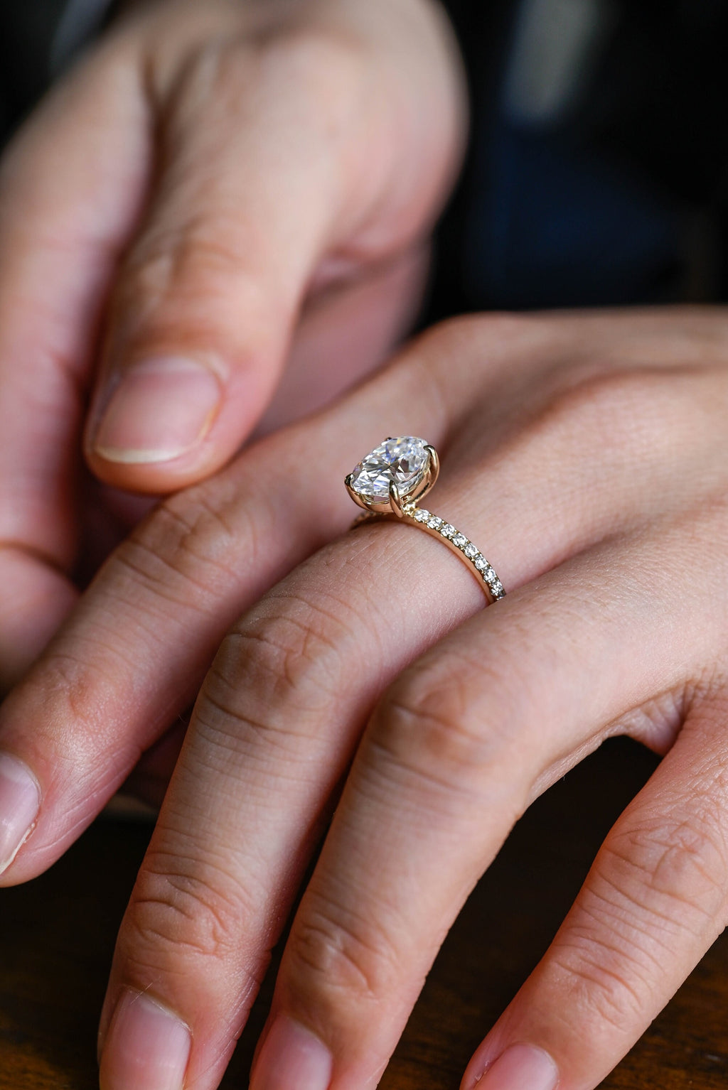 Solid Gold Oval Moissanite Engagement Ring, Half Pave Promise Ring
