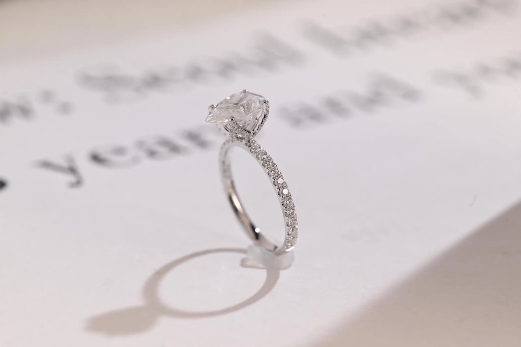 Solid Gold Tulip Flower Pave Pear Moissanite Engagement Ring, Promise Ring