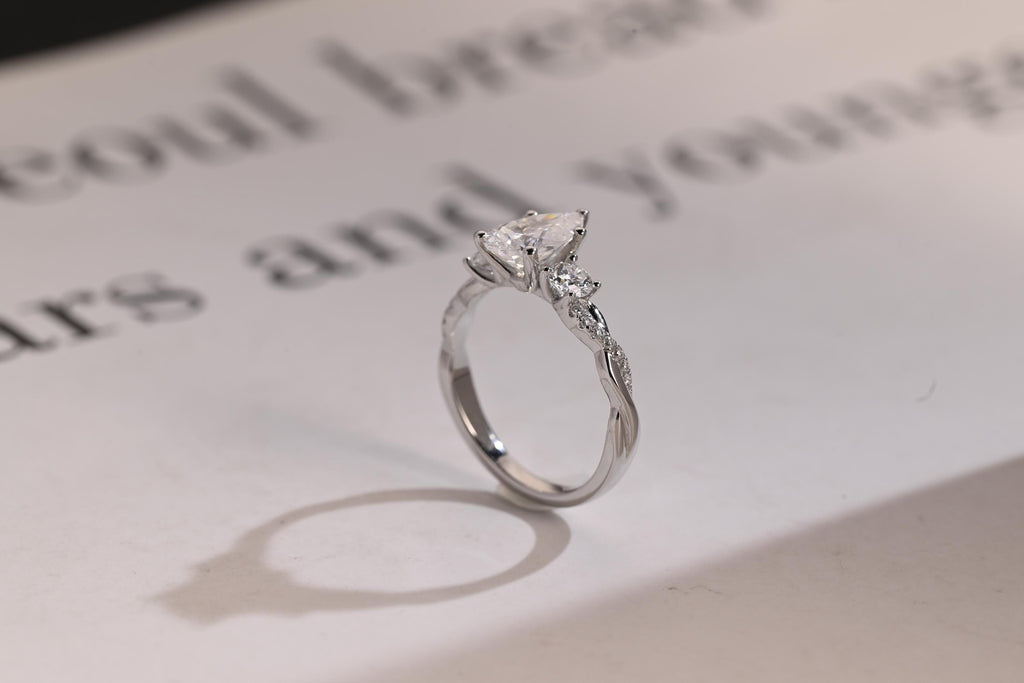 Solid Gold Pear Moissanite Engagement Ring, Twisted Band Half Eternity Bridal Ring