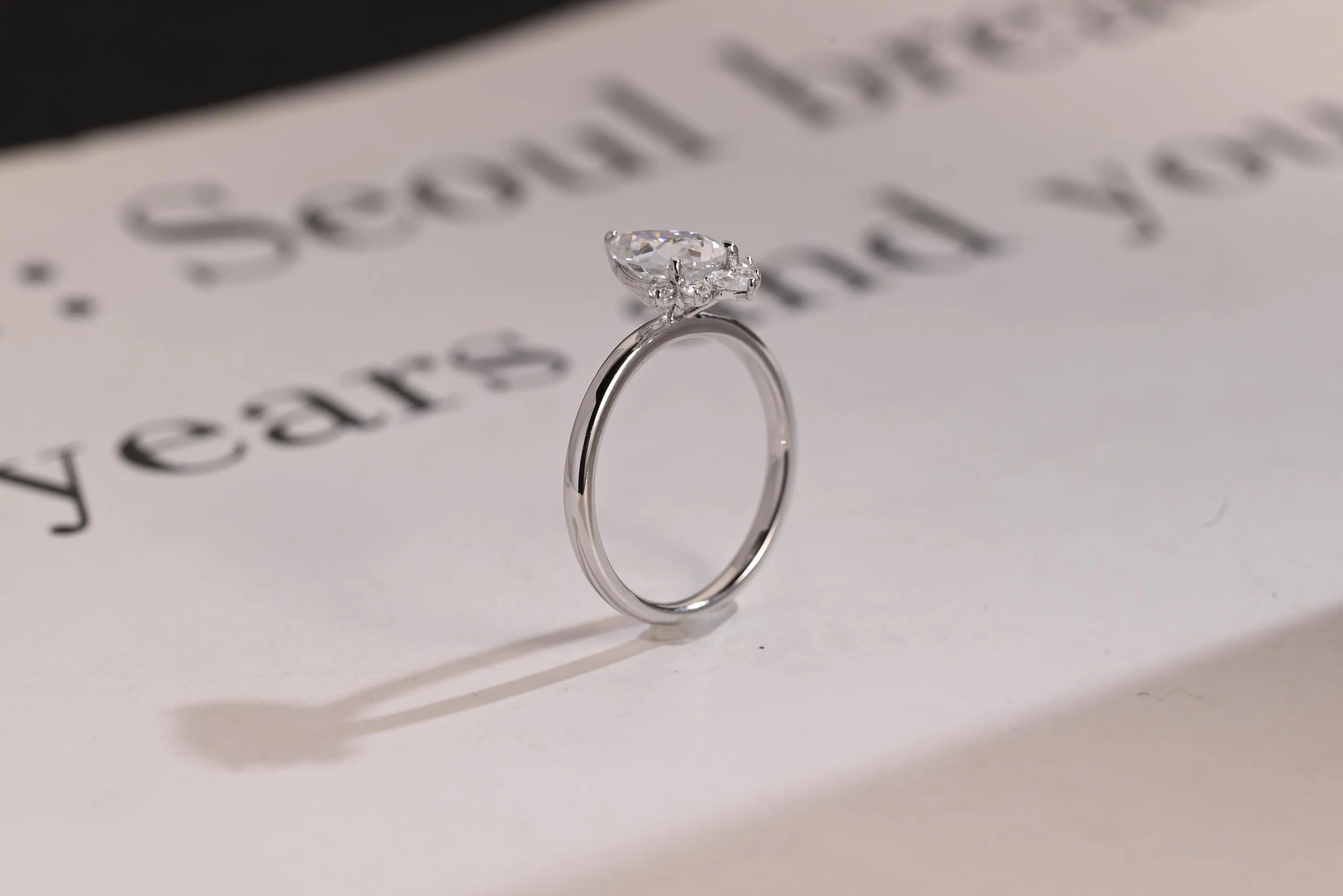 Solid Gold Pear Moissanite Engagement Ring with Accent Stone, Tear Drop Ring