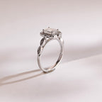 Solid Gold Emerald Cut Moissanite Engagement Ring, Beaded Halo Half Pave Ring