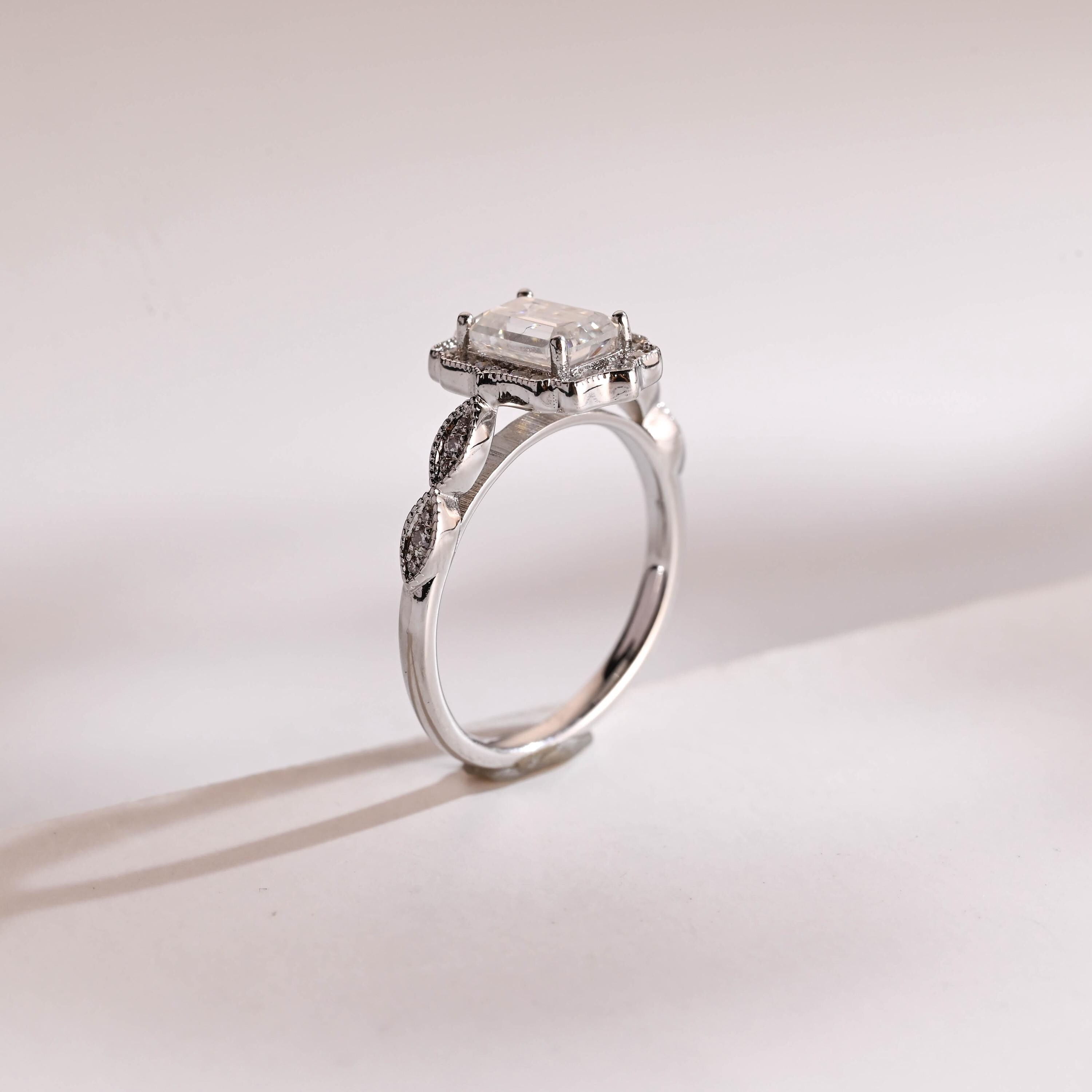 Solid Gold Emerald Cut Moissanite Engagement Ring, Beaded Halo Half Pave Ring