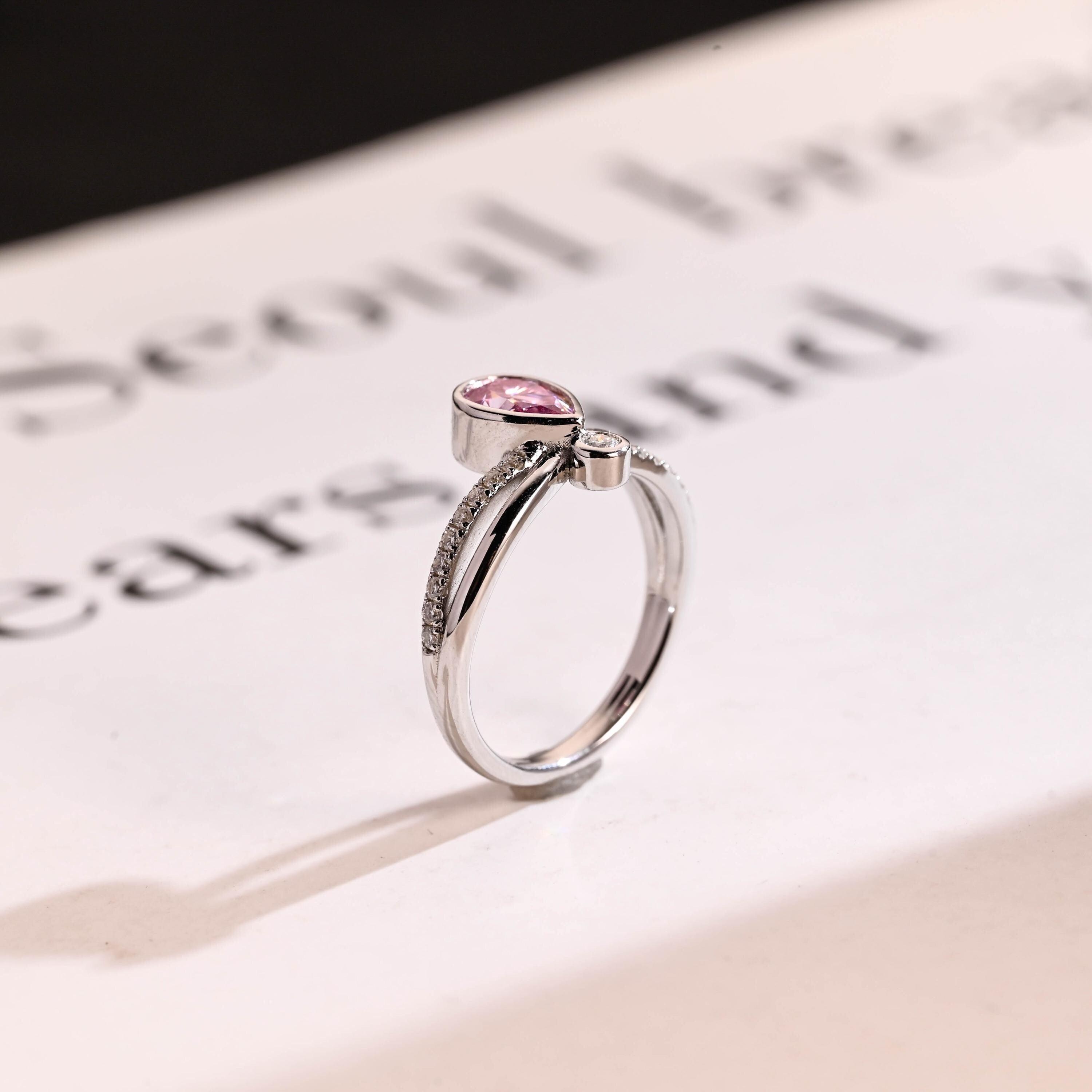 Solid Gold Pear Cut Purple Lab Grown Sapphire Engagement Ring, Split Shank Promise Ring Secondary image